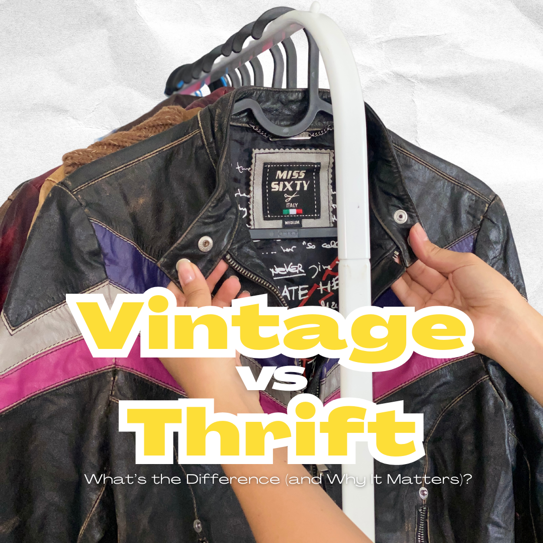Hands holding a vintage Miss Sixty leather jacket on a rack with other clothing, text Vintage vs Thrift