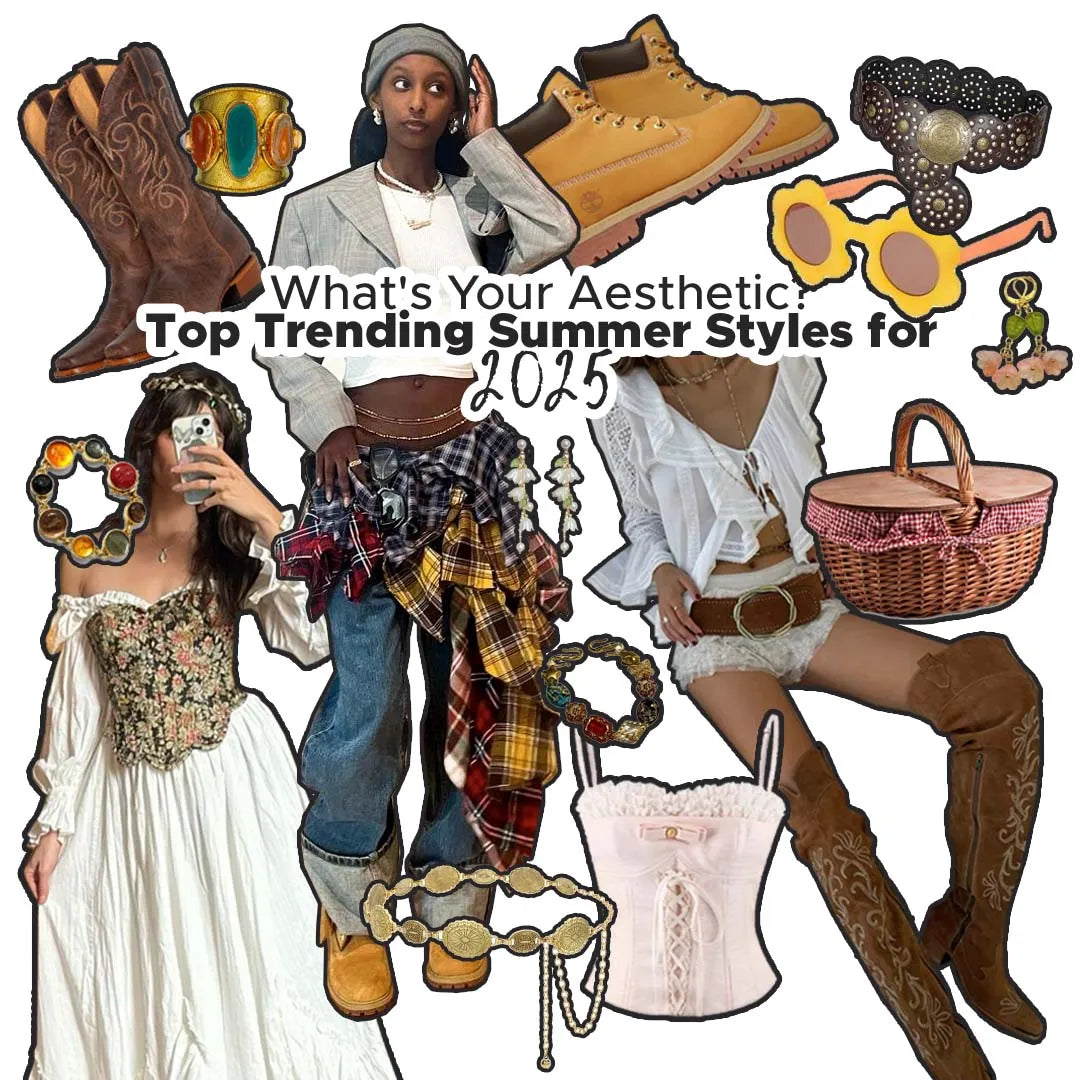 Collage of 2025 summer fashion trends featuring boho dresses, plaid layers, boots, corset tops, accessories, and vintage picnic basket