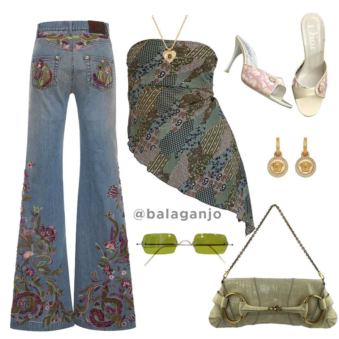 Embroidered vintage flare jeans, patterned asymmetrical top, green sunglasses, Dior pink heels, gold Medusa earrings, crocodile handbag