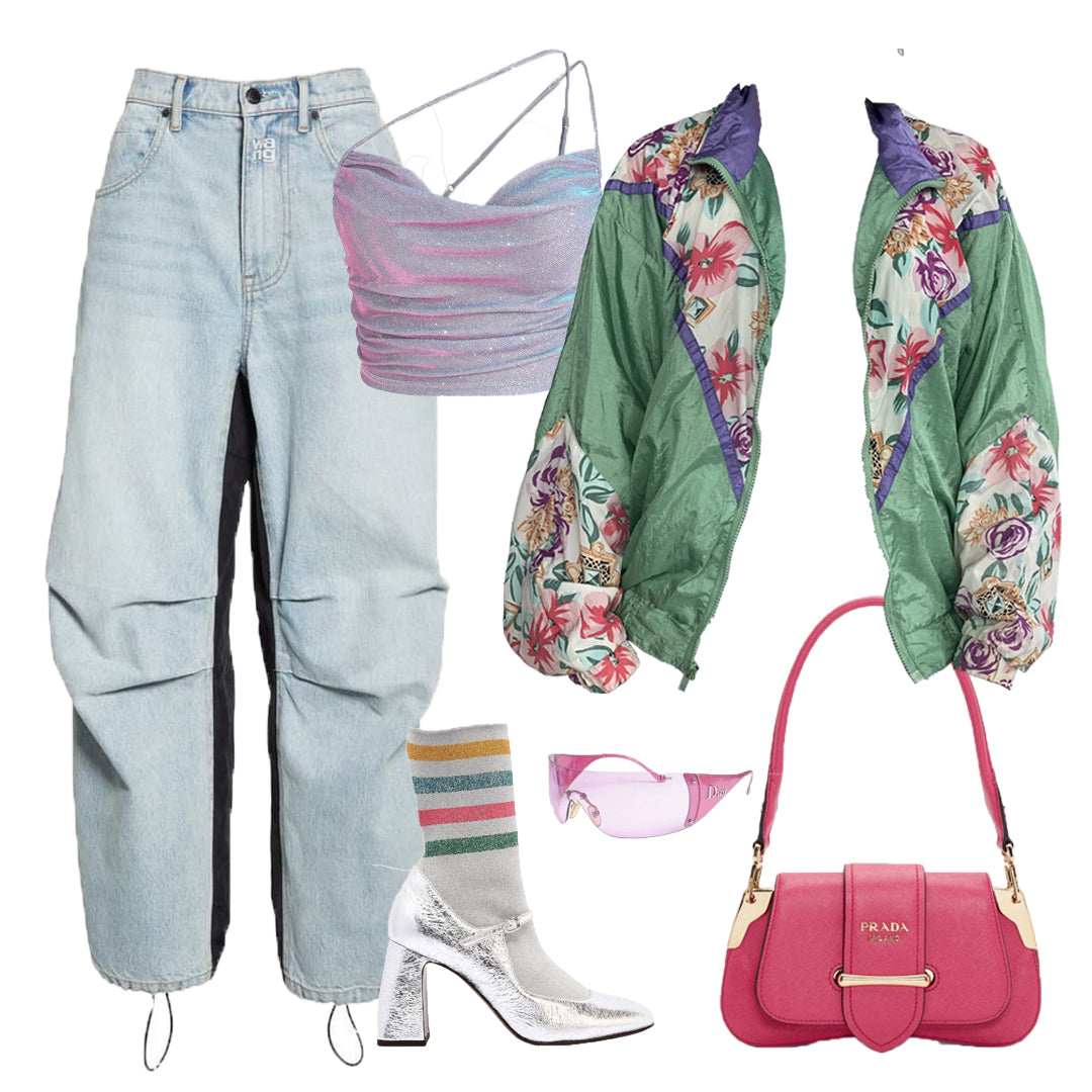 90s Y2K vintage outfit with floral bomber jacket, iridescent top, light wash jeans, metallic boots, and pink Prada bag