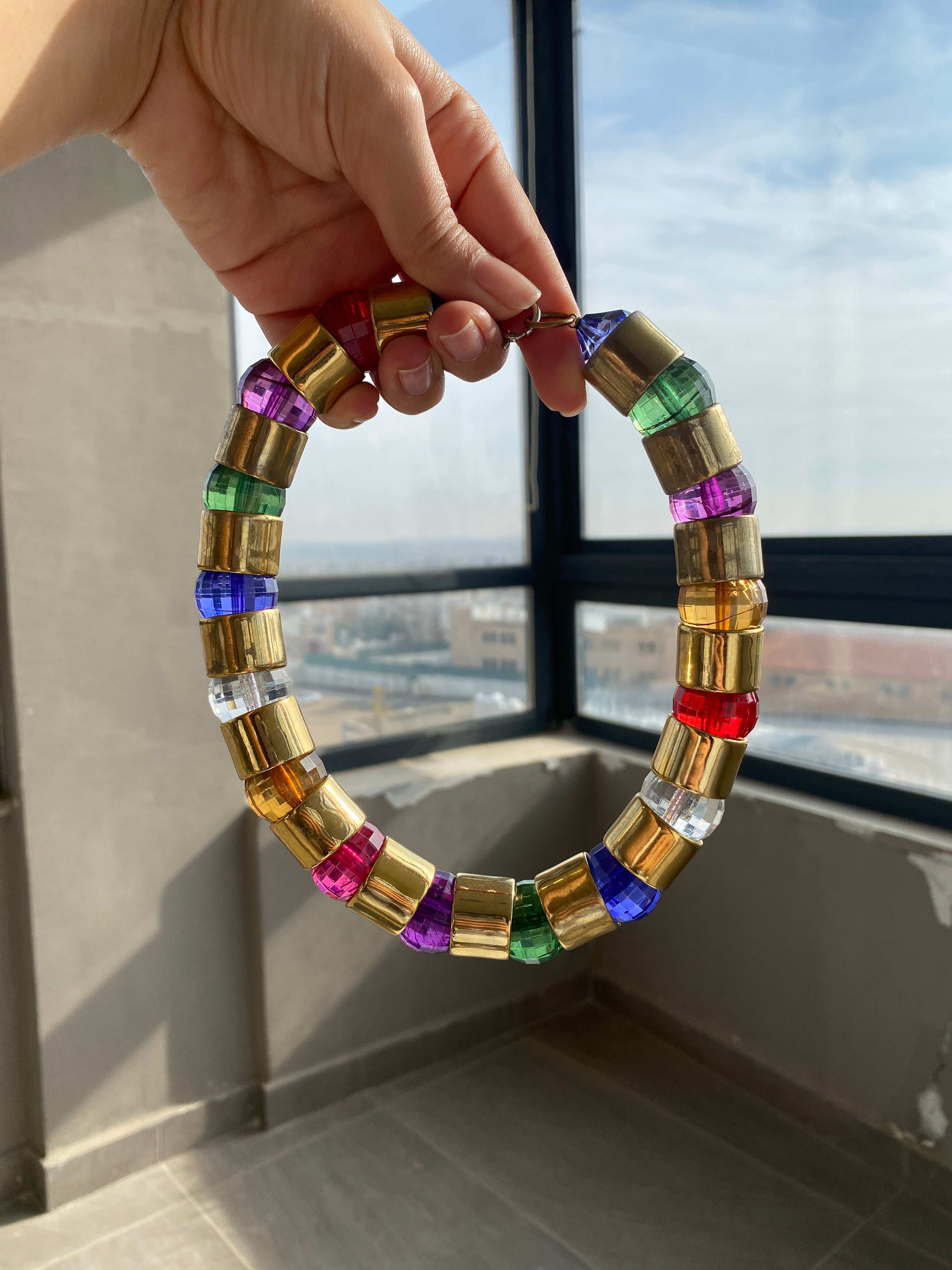 Colorful vintage rainbow beaded necklace with gold spacers, perfect Y2K retro accessory
