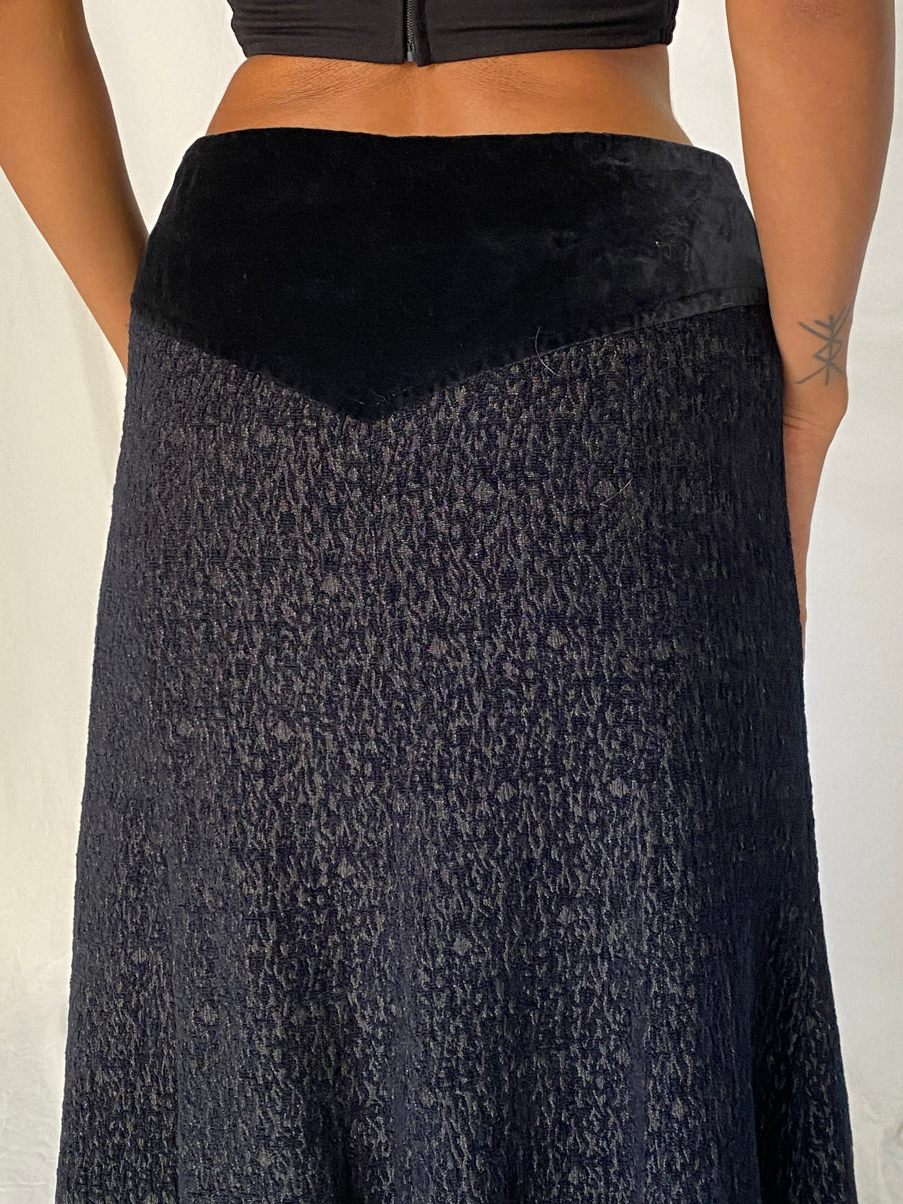 Vintage Whimsigoth Black Velvet Embellished Tulle Grunge Midi Skirt – M