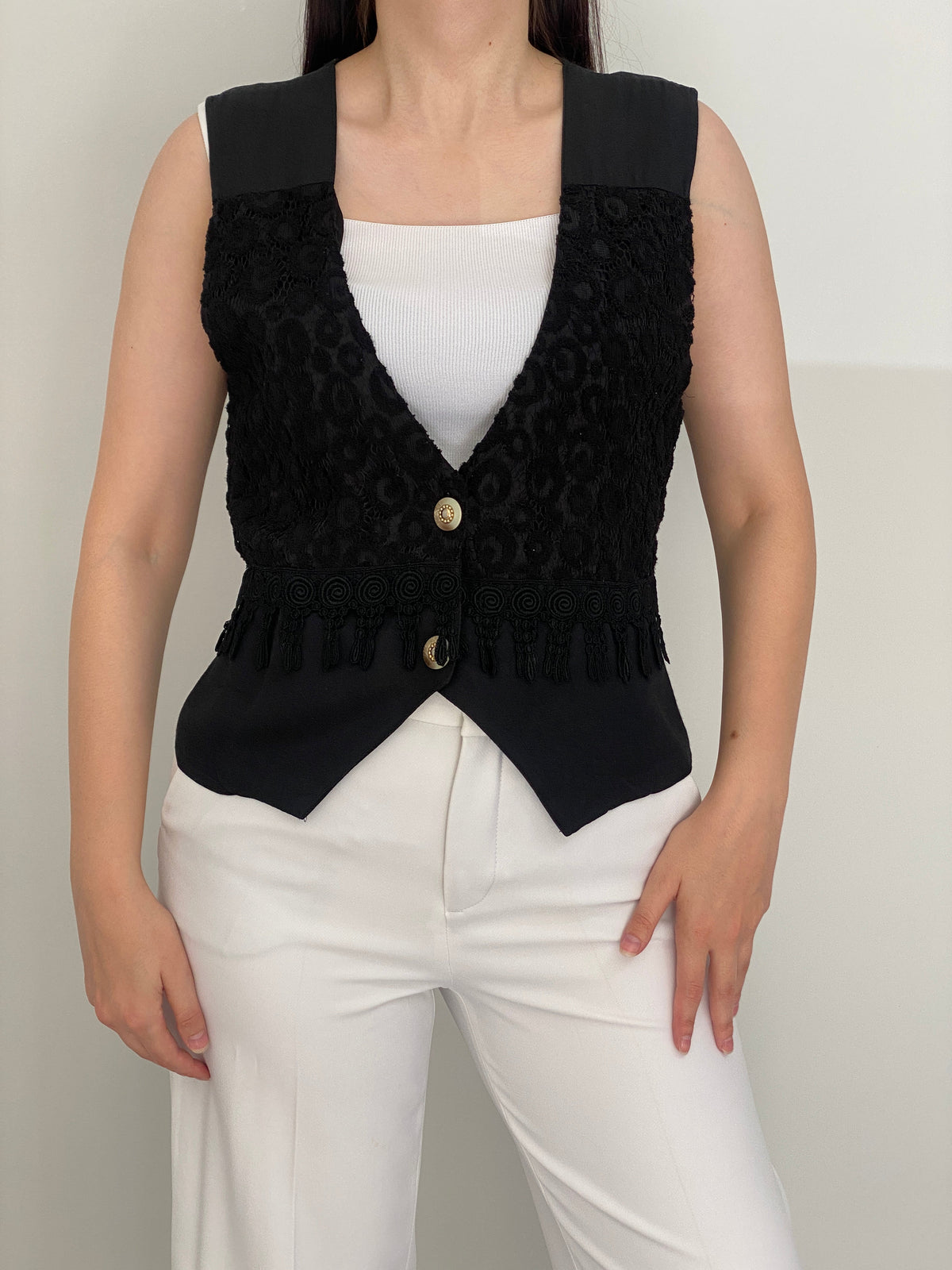 Vintage 90s Black Lace Romantic Tailored Waistcoat Vest - M