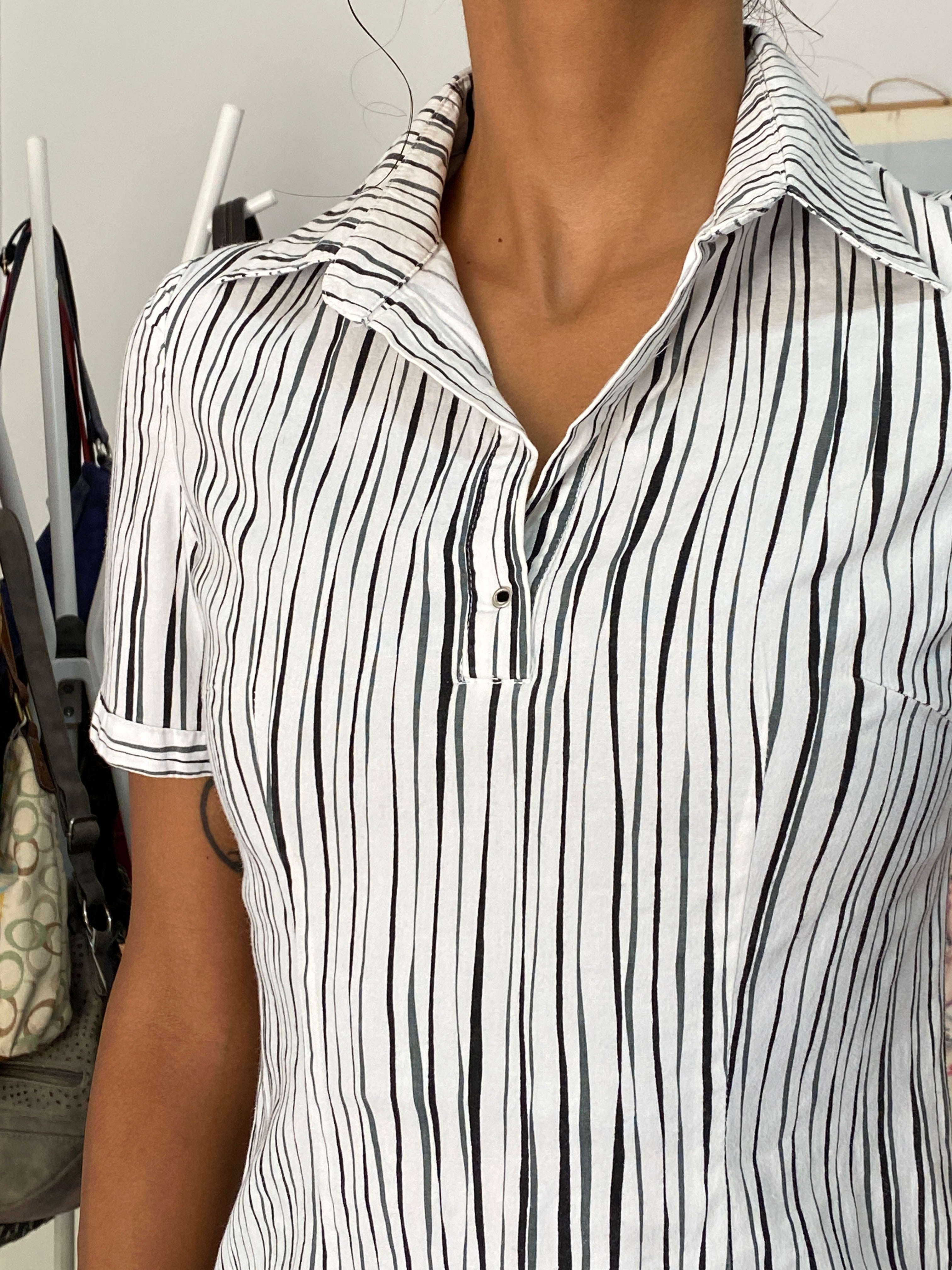 Vintage 90s GEM Fashion White Striped Cotton Stretch Fitted Collared Top - S