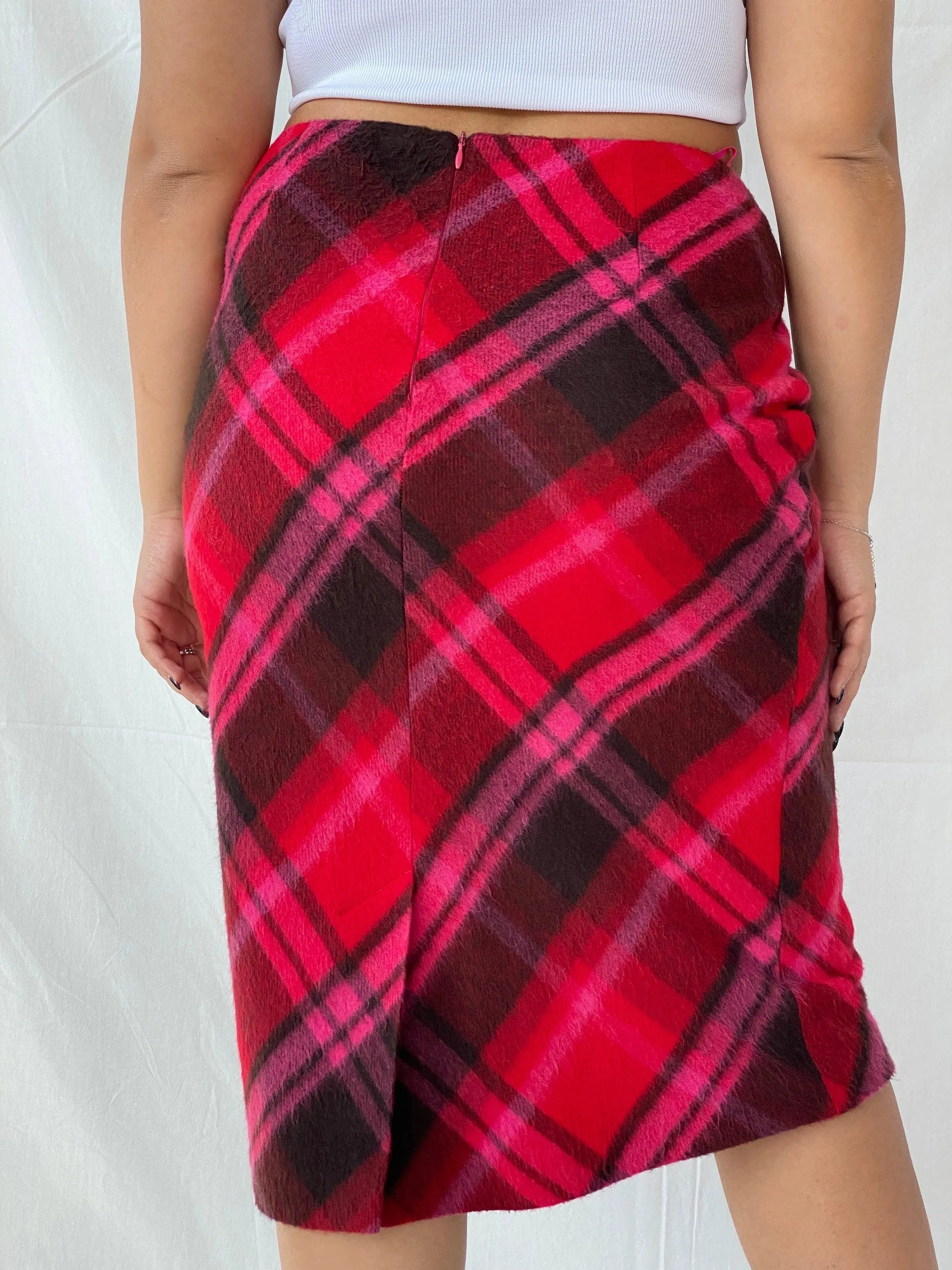 00s AMICI Woman Pink Plaid Midi Wool Skirt - L - Balagan Vintage Midi Skirt Deals, Dina, midi skirt, skirt