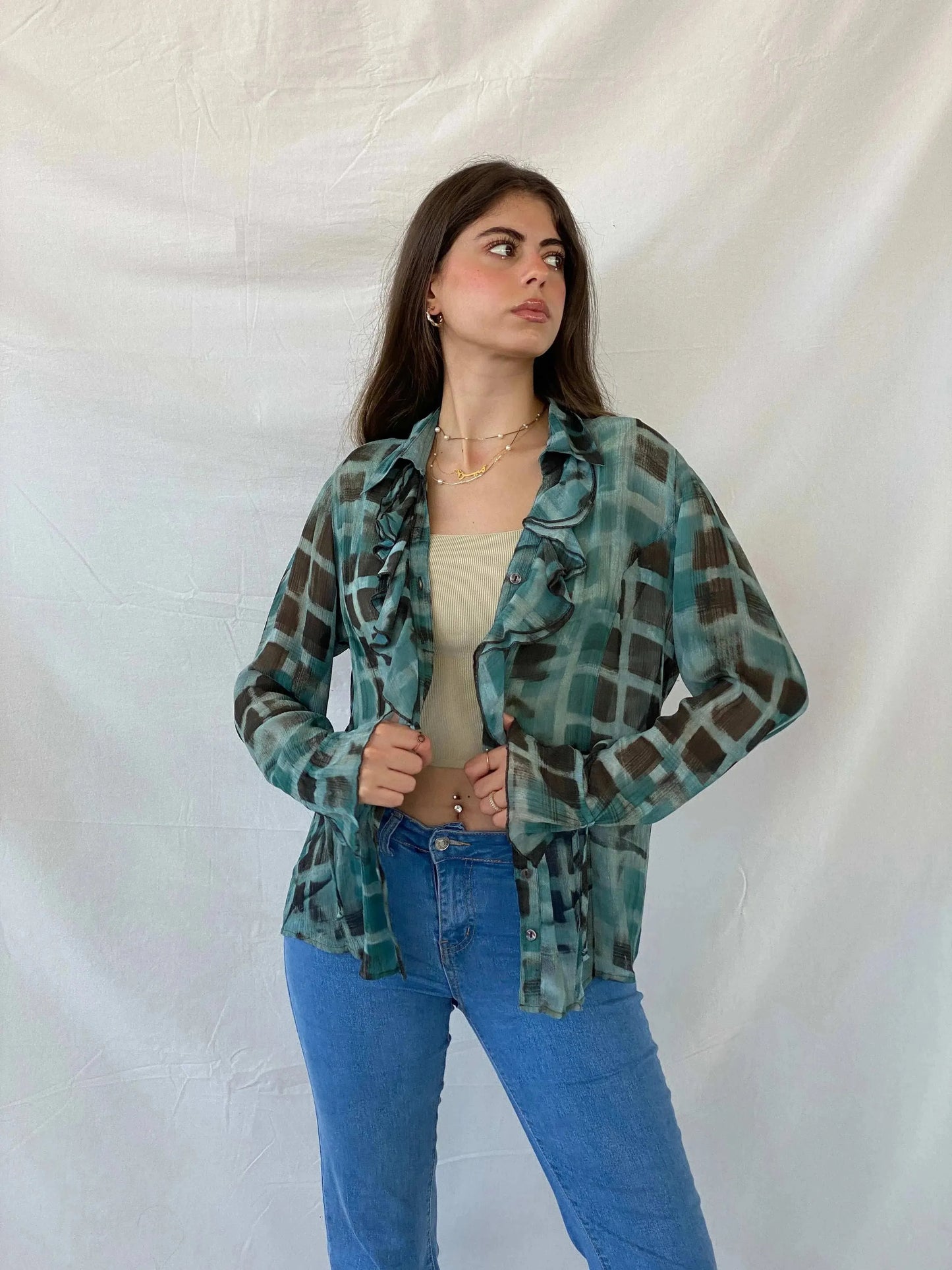 00s Bonita Abstract Blue Ruffled Hem Long Sleeve Shirt - M - Balagan Vintage Full Sleeve Shirt 00s, animal print, Mira, winter, women top