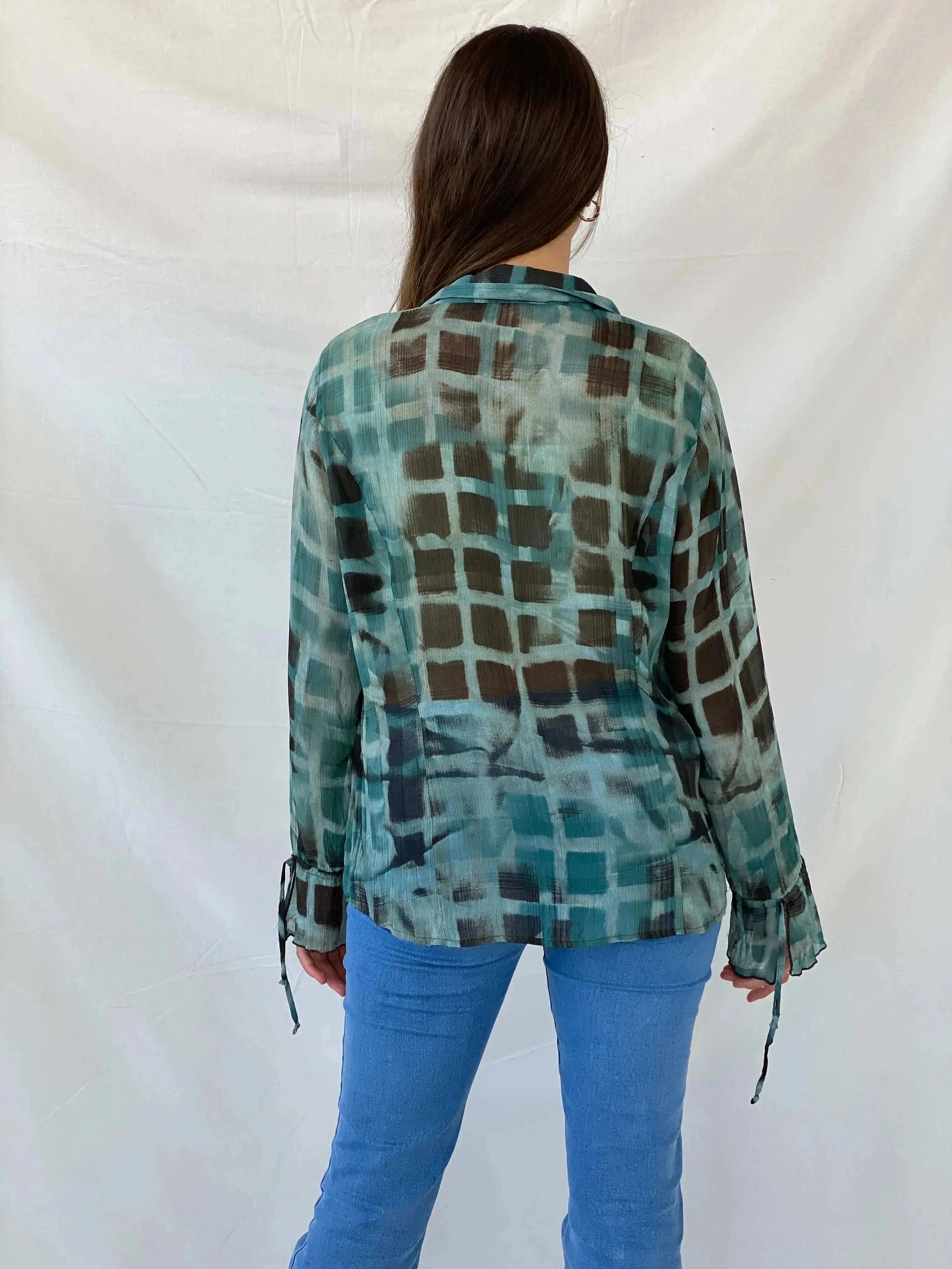 00s Bonita Abstract Blue Ruffled Hem Long Sleeve Shirt - M - Balagan Vintage Full Sleeve Shirt 00s, animal print, Mira, winter, women top