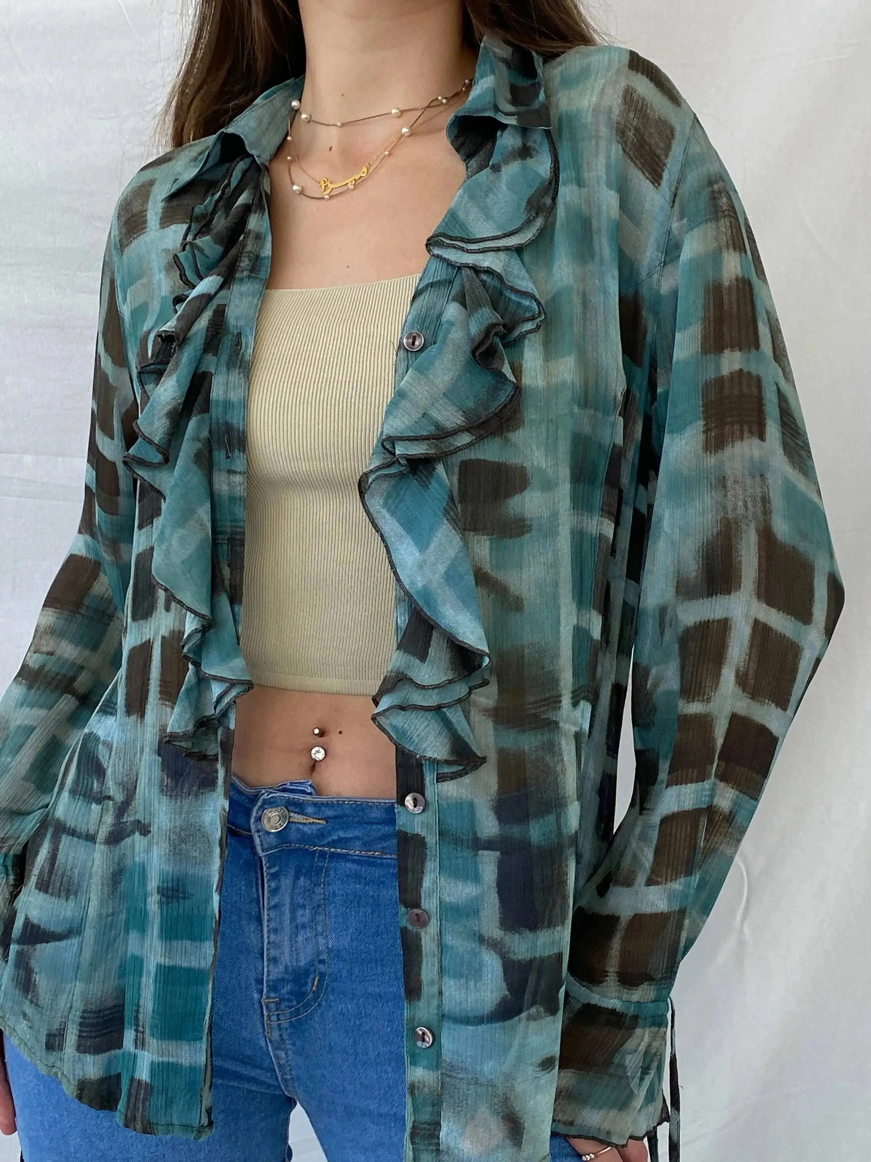 00s Bonita Abstract Blue Ruffled Hem Long Sleeve Shirt - M - Balagan Vintage Full Sleeve Shirt 00s, animal print, Mira, winter, women top