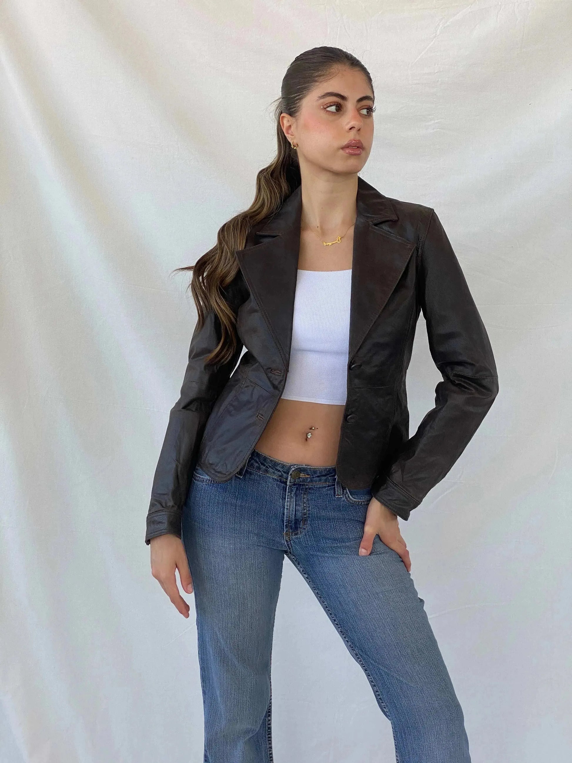 00s Clock House Brown Genuine Leather Blazer Jacket - S - Balagan Vintage Leather Jacket 90s, Coats&Jackets, Deals, genuine leather jacket, leather jacket, Mira, winter, Women's Blazers, Women's Leather Jackets