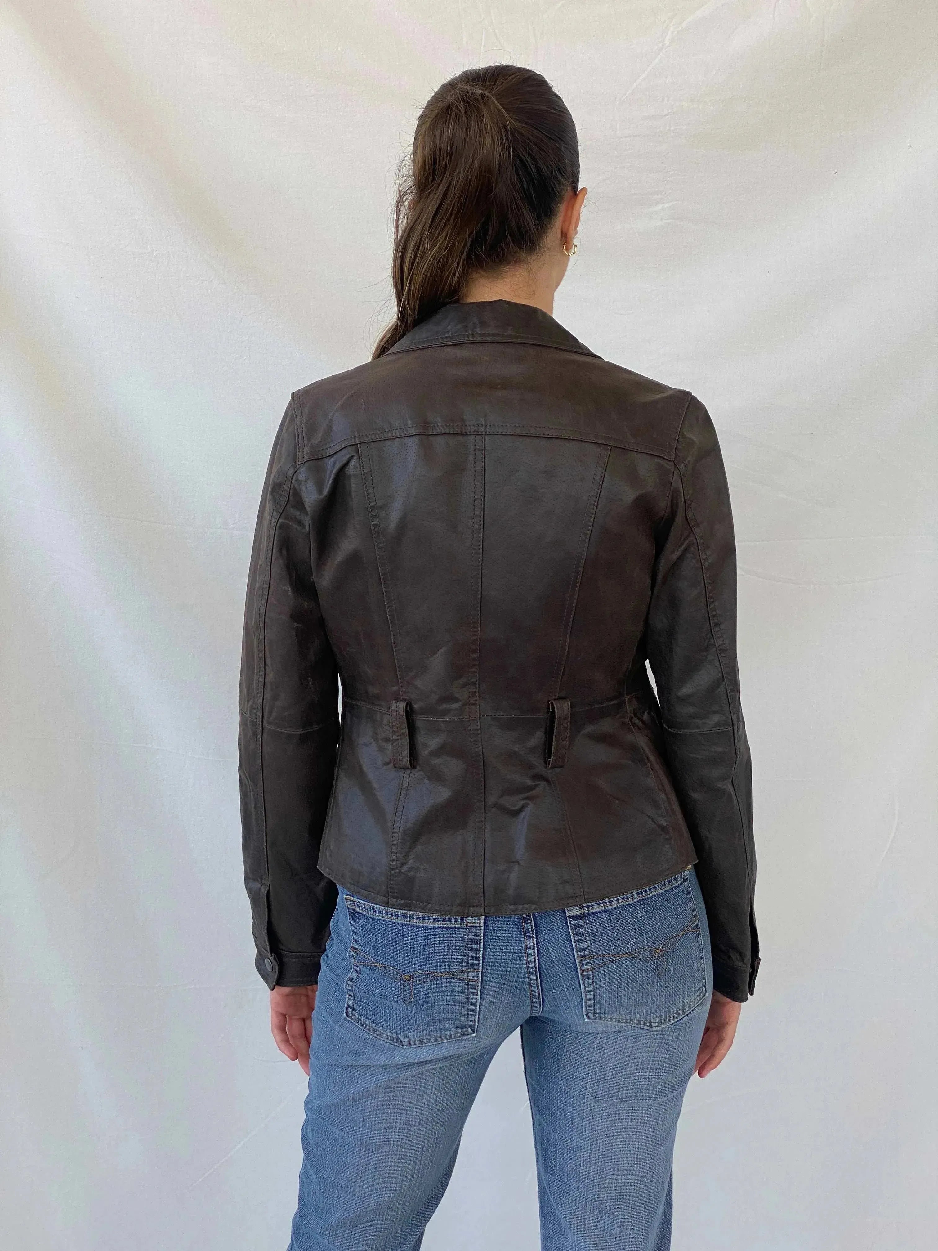 00s Clock House Brown Genuine Leather Blazer Jacket - S - Balagan Vintage Leather Jacket 90s, Coats&Jackets, Deals, genuine leather jacket, leather jacket, Mira, winter, Women's Blazers, Women's Leather Jackets