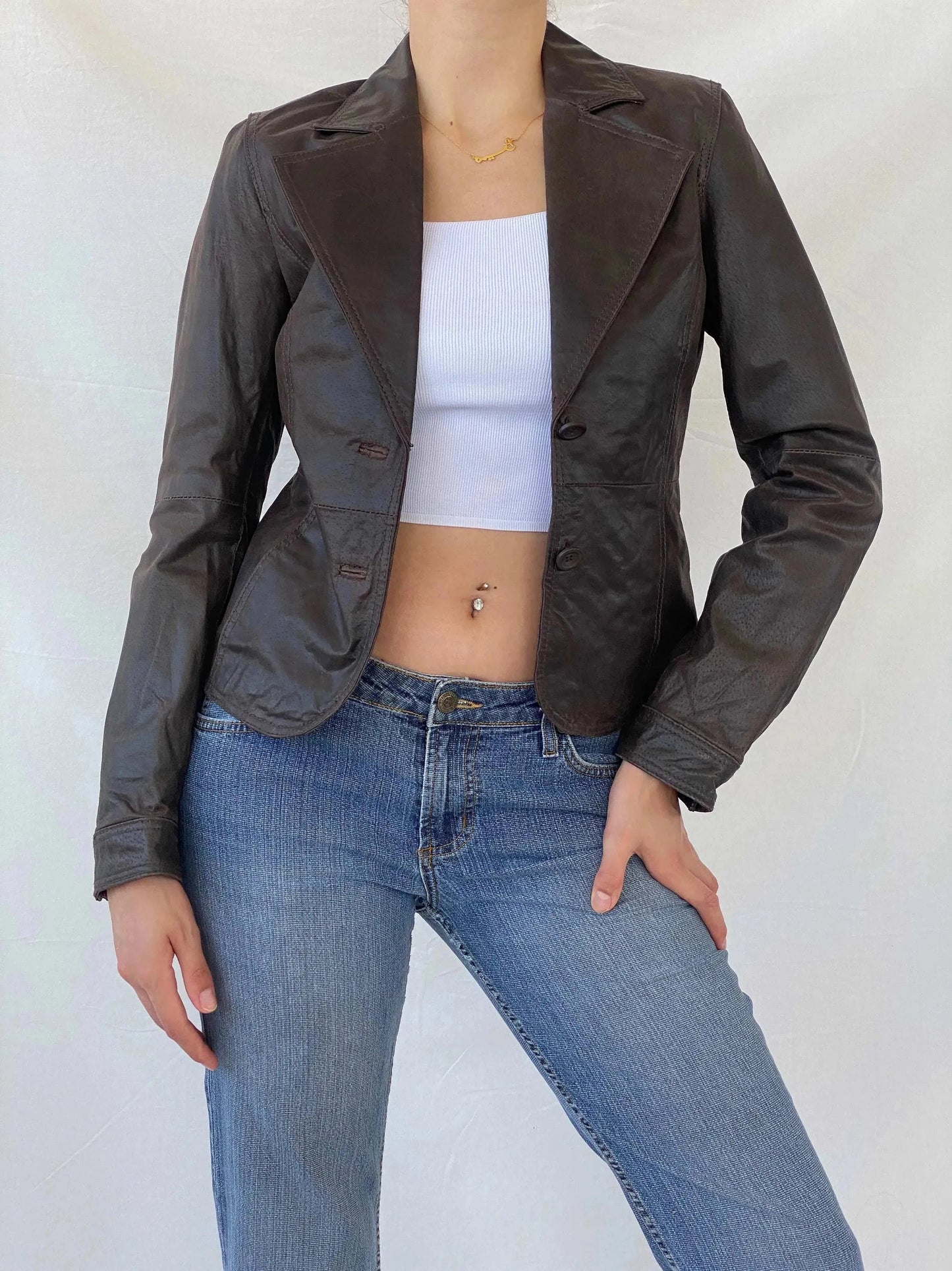 00s Clock House Brown Genuine Leather Blazer Jacket - S - Balagan Vintage Leather Jacket 90s, Coats&Jackets, Deals, genuine leather jacket, leather jacket, Mira, winter, Women's Blazers, Women's Leather Jackets