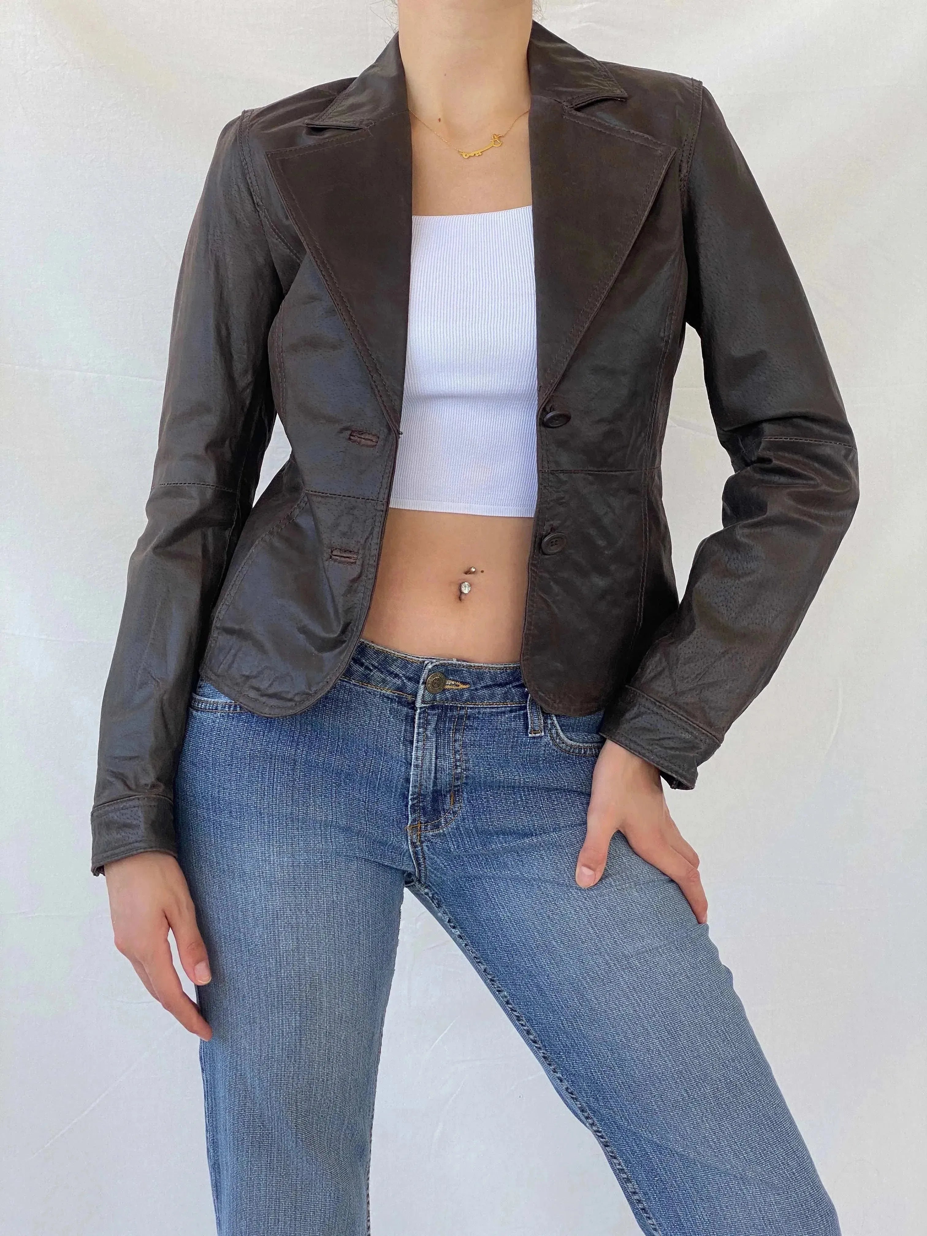 00s Clock House Brown Genuine Leather Blazer Jacket - S - Balagan Vintage Leather Jacket 90s, Coats&Jackets, Deals, genuine leather jacket, leather jacket, Mira, winter, Women's Blazers, Women's Leather Jackets