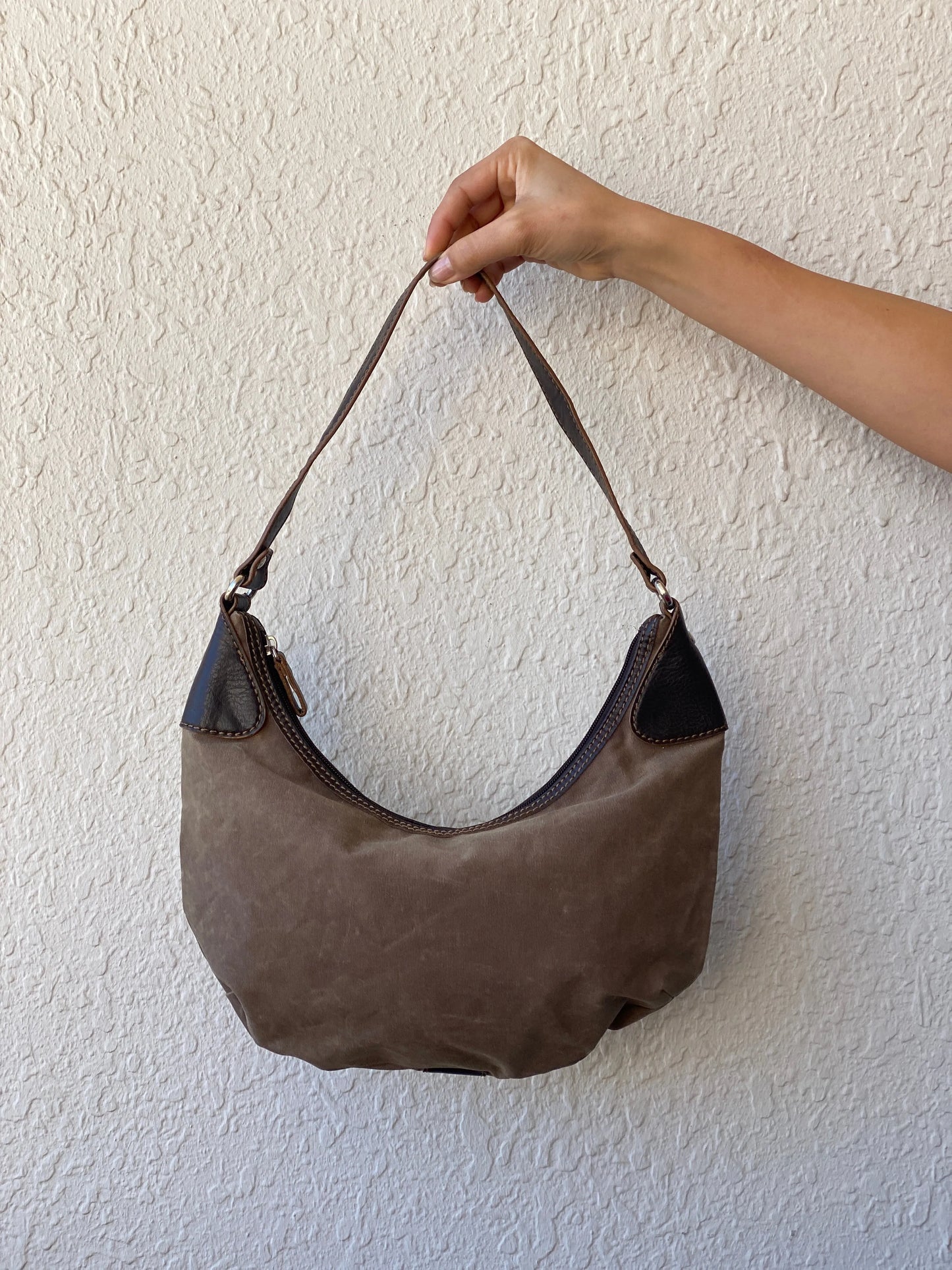 00s ESPRIT Canvas and Leather Brown Shoulder Bag - Balagan Vintage Handbags 90s, bag, brown leather, genuine leather, shoulder bag