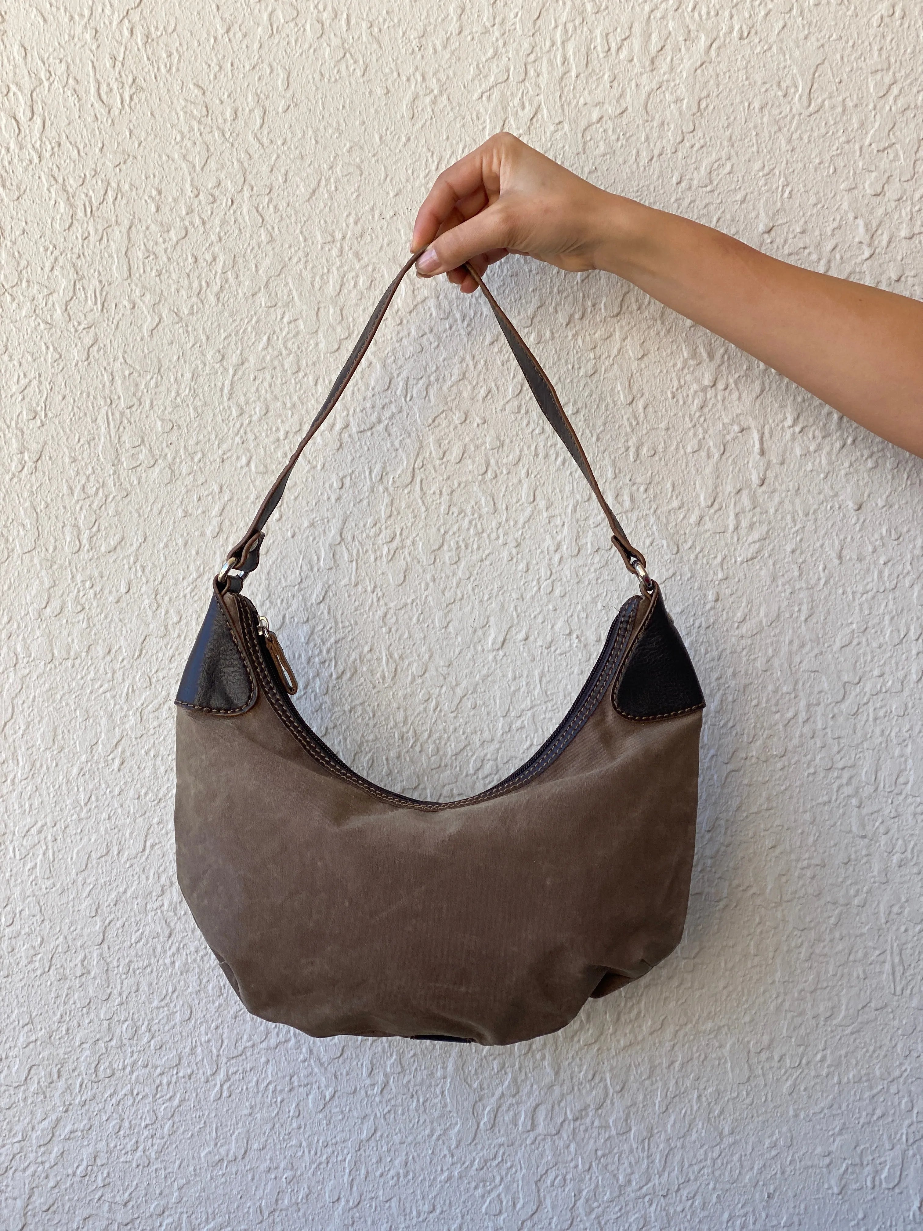 00s ESPRIT Canvas and Leather Brown Shoulder Bag - Balagan Vintage Handbags 90s, bag, brown leather, genuine leather, shoulder bag