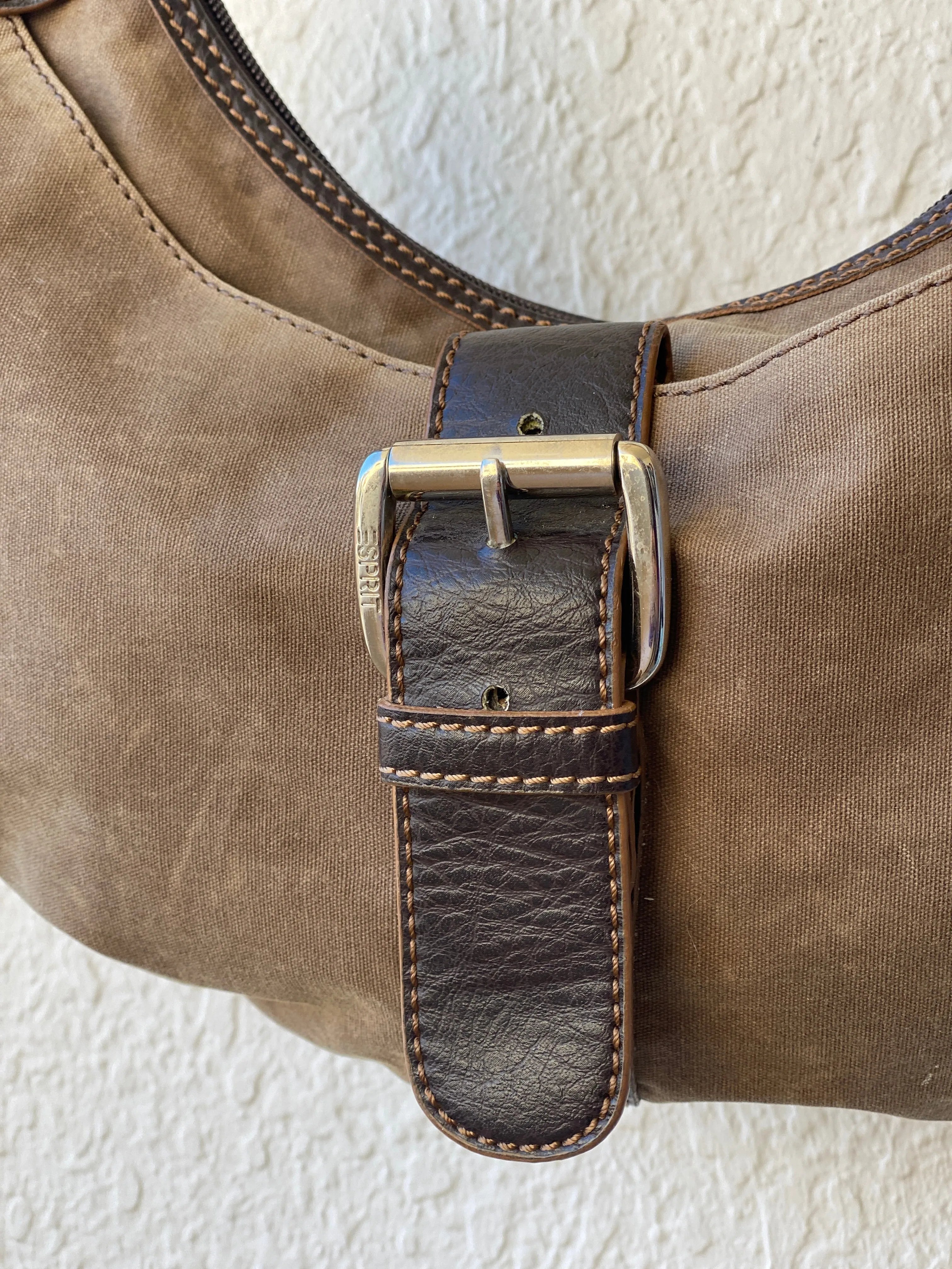 00s ESPRIT Canvas and Leather Brown Shoulder Bag - Balagan Vintage Handbags 90s, bag, brown leather, genuine leather, shoulder bag