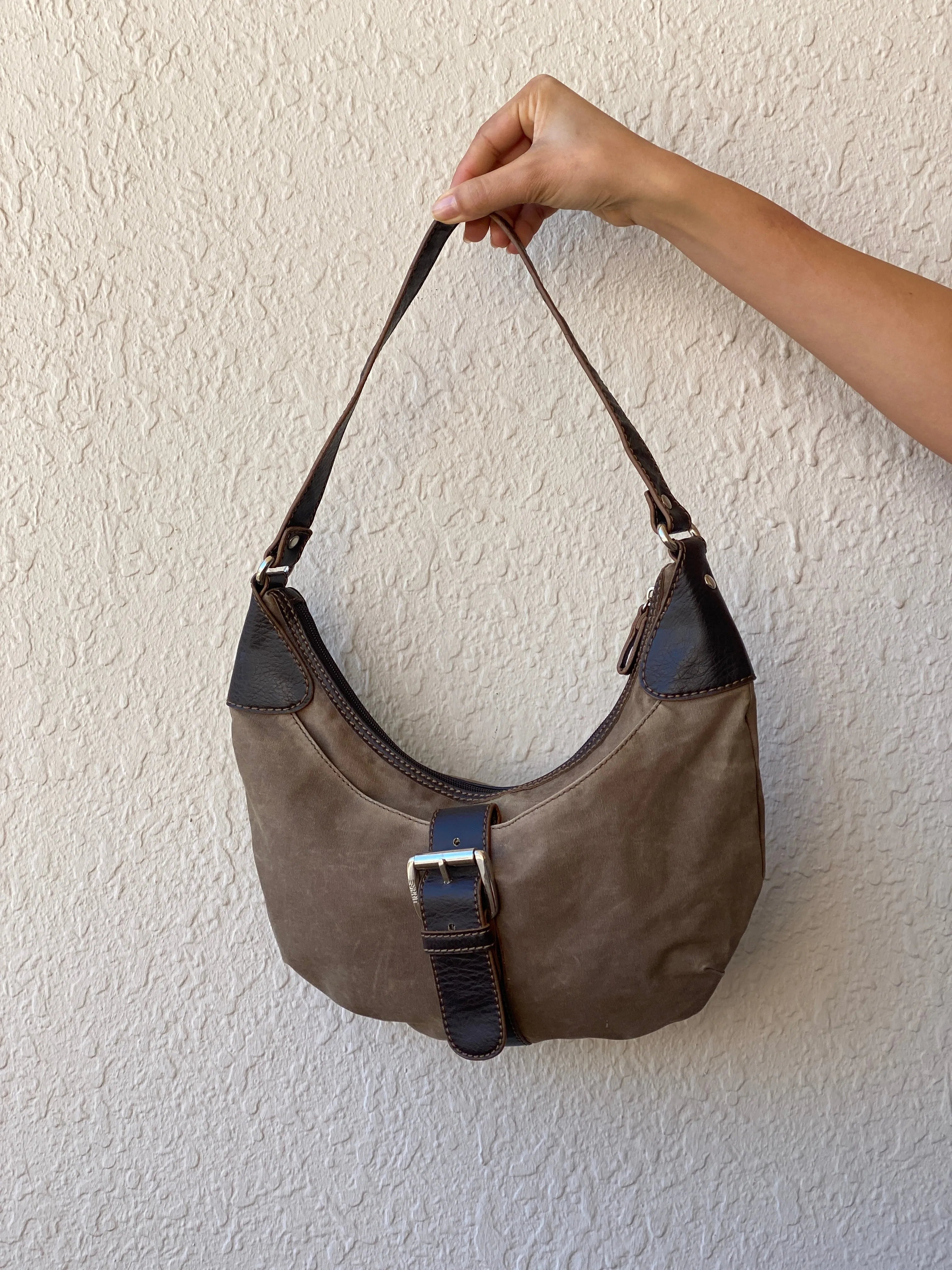 00s ESPRIT Canvas and Leather Brown Shoulder Bag - Balagan Vintage Handbags 90s, bag, brown leather, genuine leather, shoulder bag
