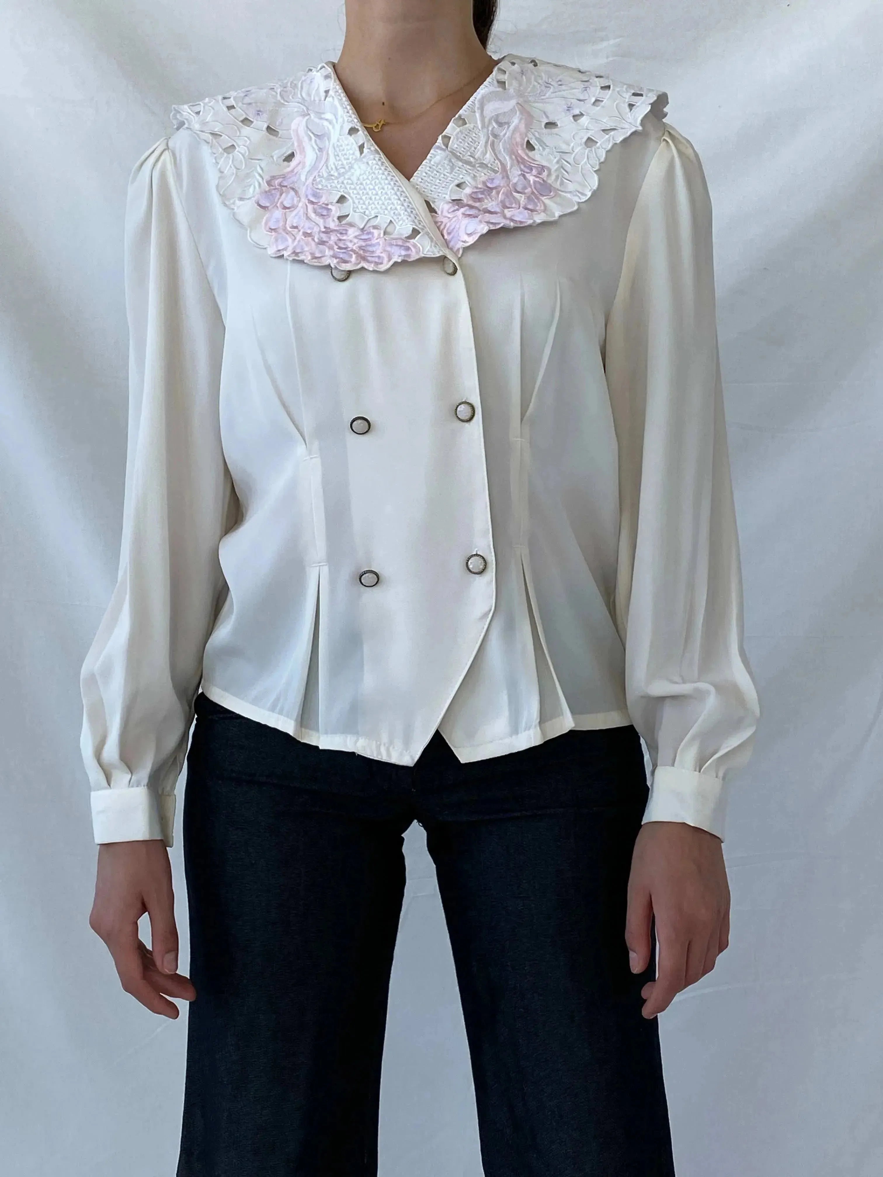 00s FIRAS Embroidered Oversized Collar Ivory Victorian Blouse - M - Balagan Vintage Full Sleeve Shirt 00s, full sleeve shirt, Mira, winter, women shirt, women top
