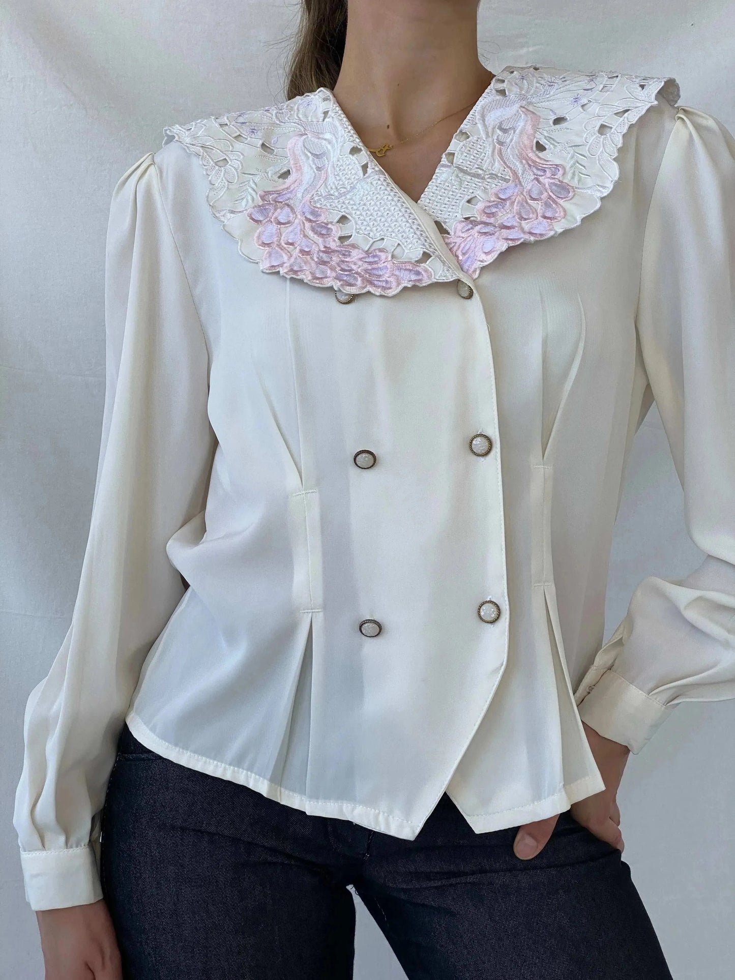 00s FIRAS Embroidered Oversized Collar Ivory Victorian Blouse - M - Balagan Vintage Full Sleeve Shirt 00s, full sleeve shirt, Mira, winter, women shirt, women top