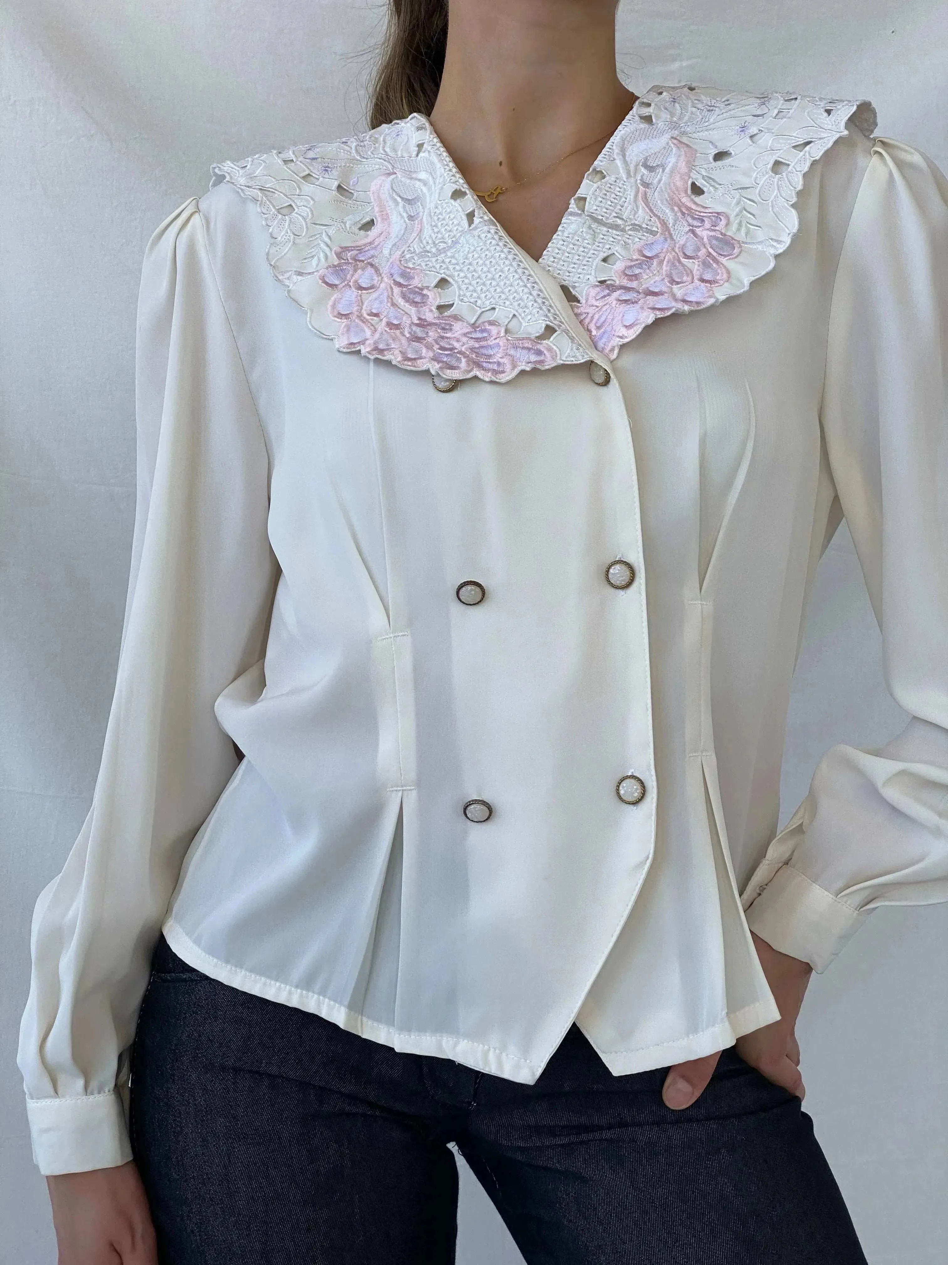 00s FIRAS Embroidered Oversized Collar Ivory Victorian Blouse - M - Balagan Vintage Full Sleeve Shirt 00s, full sleeve shirt, Mira, winter, women shirt, women top