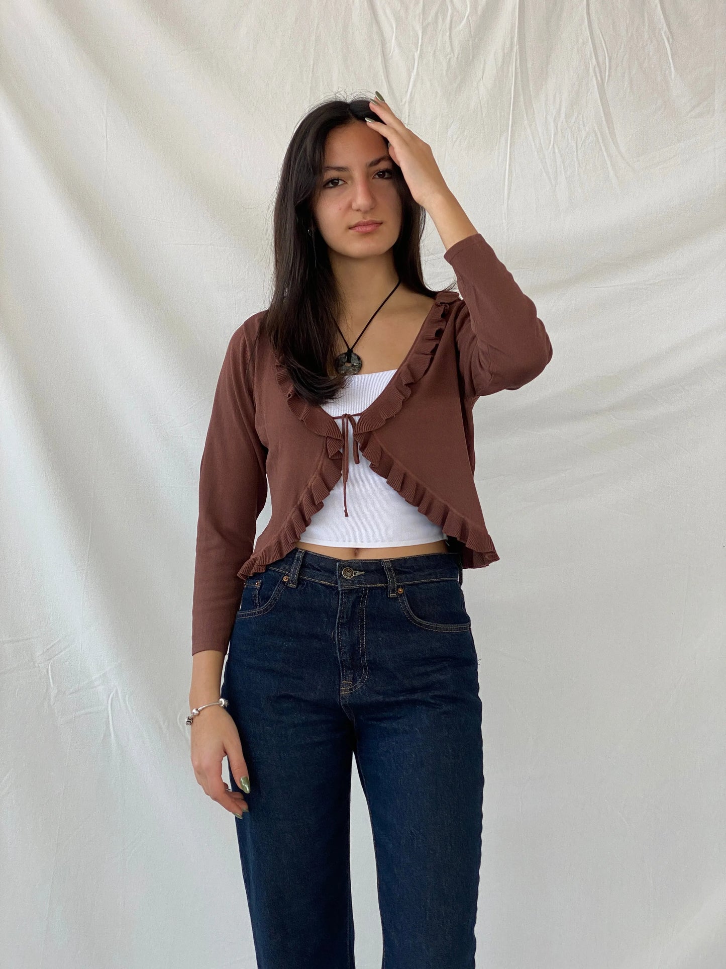 00s Jacqueline Riu Brown Ruffled Trim Tie Front Cropped Cardigan - L - Balagan Vintage Cardigan 00s, cardigan, full sleeve top, Syntia, women top