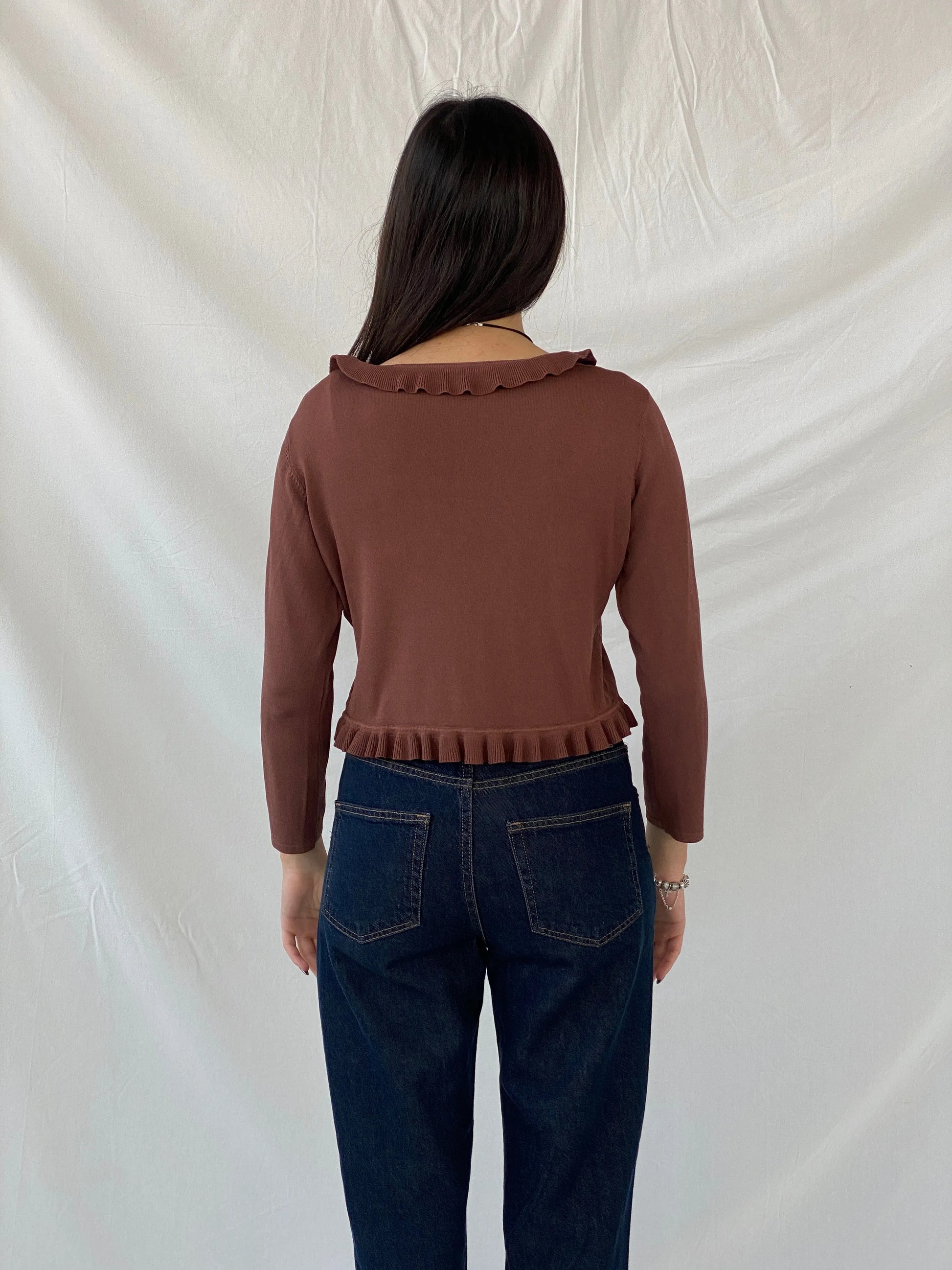 00s Jacqueline Riu Brown Ruffled Trim Tie Front Cropped Cardigan - L - Balagan Vintage Cardigan 00s, cardigan, full sleeve top, Syntia, women top