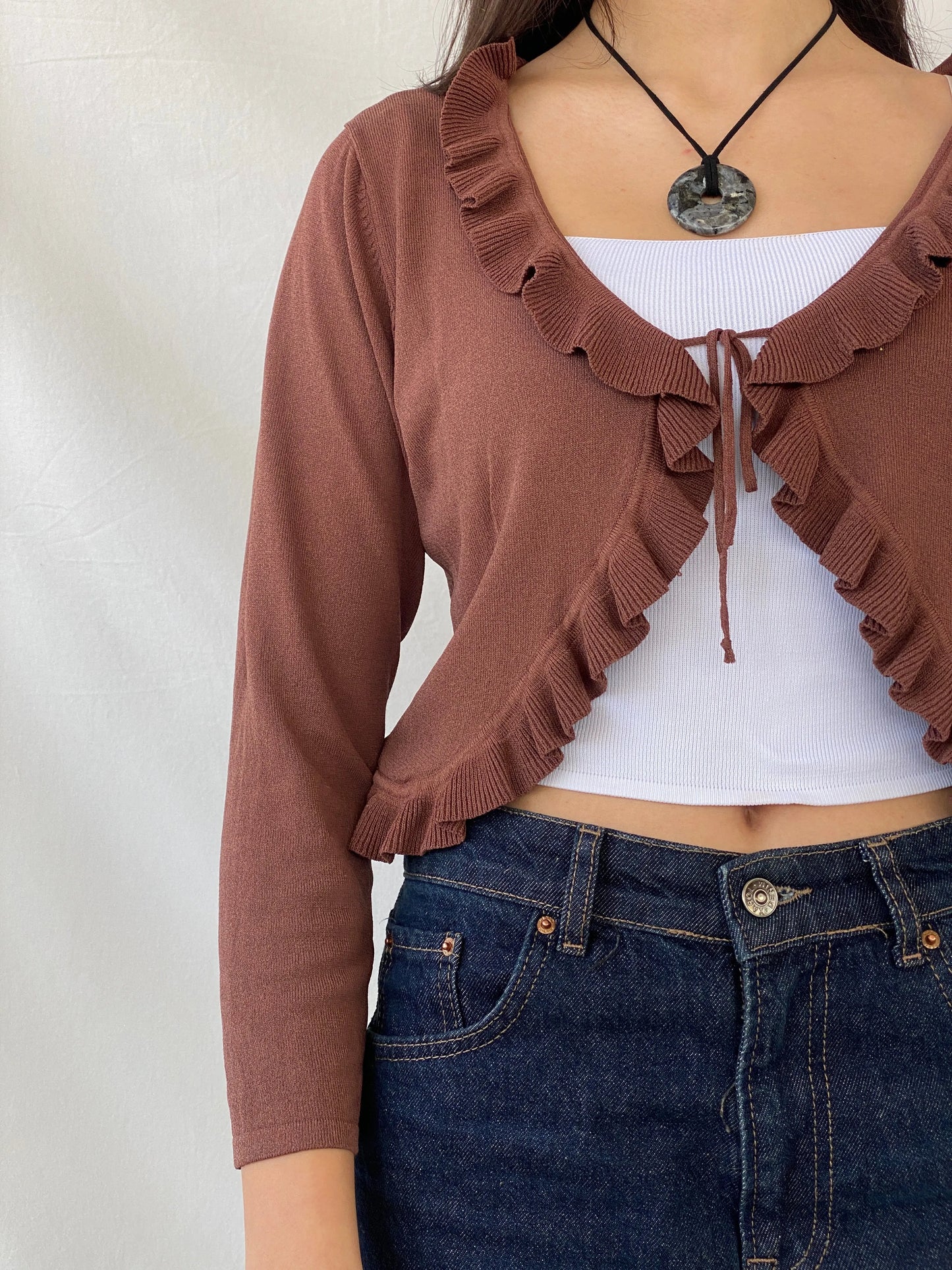 00s Jacqueline Riu Brown Ruffled Trim Tie Front Cropped Cardigan - L - Balagan Vintage Cardigan 00s, cardigan, full sleeve top, Syntia, women top
