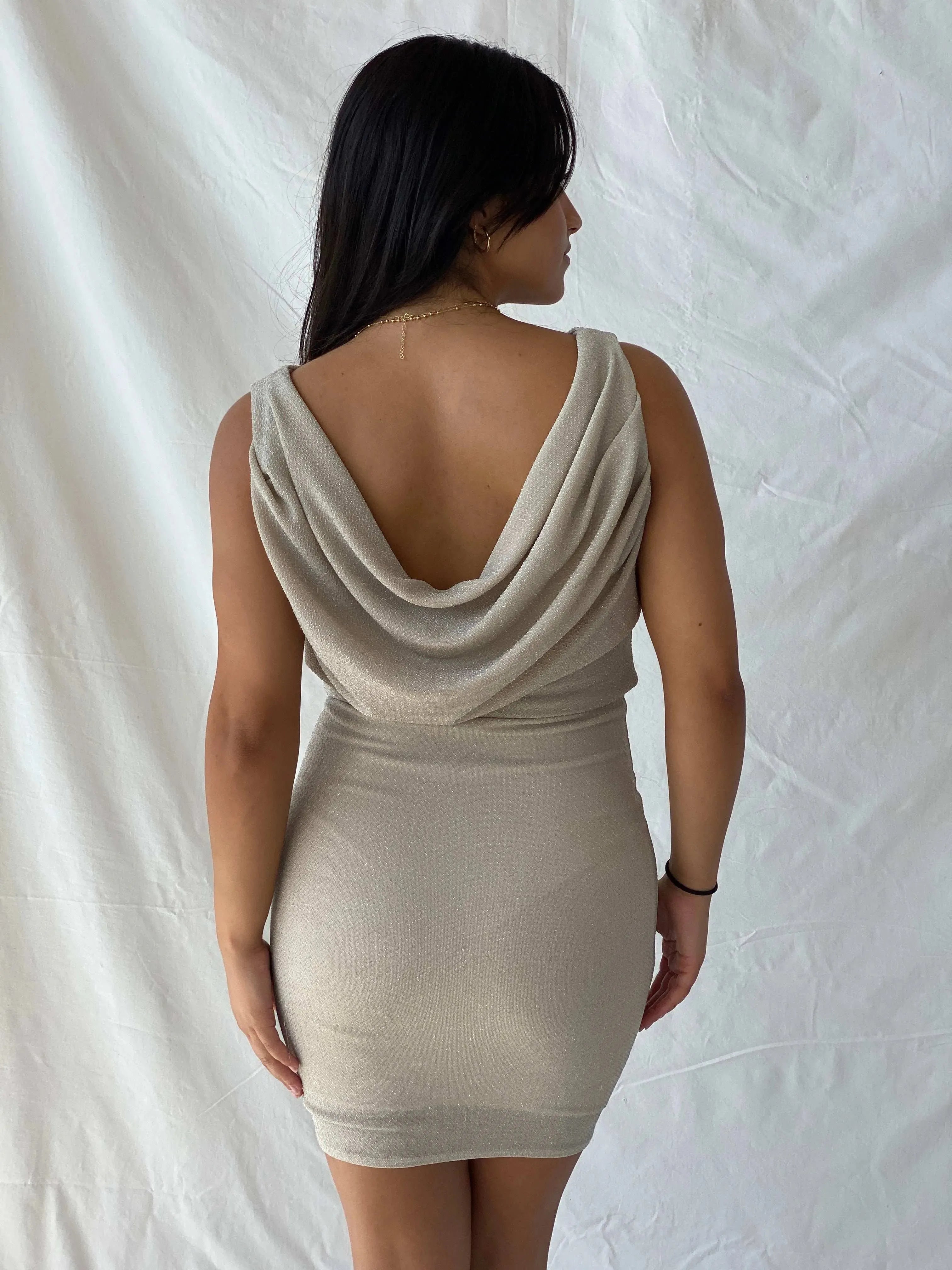 00s Jane Norman Cream Shimmery Cowl Neck knee-Length Dress - M - Balagan Vintage Midi Dress 90s dress, dress, Lana, midi dress, summer, Wedding Guest, womens