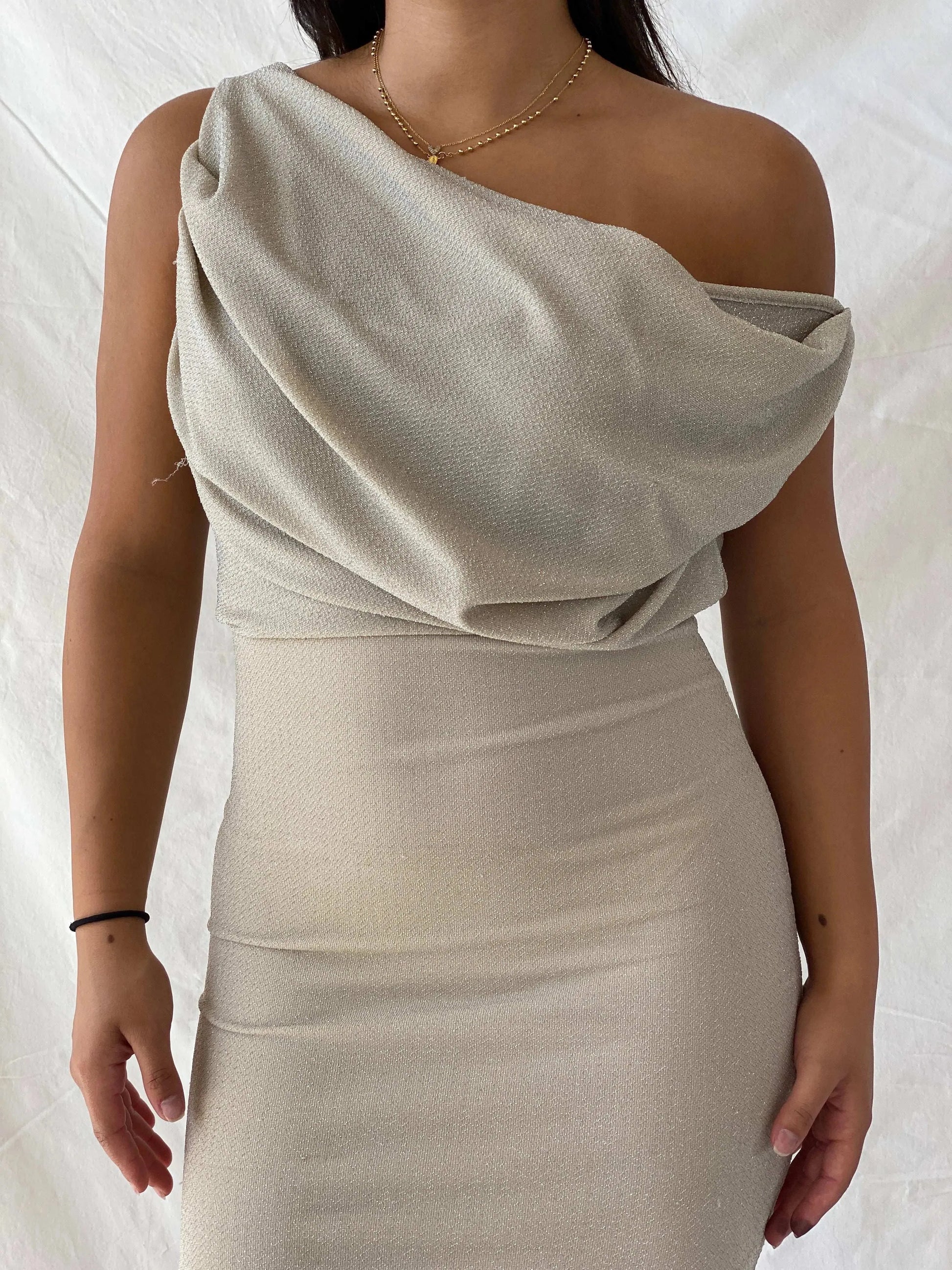 00s Jane Norman Cream Shimmery Cowl Neck knee-Length Dress - M - Balagan Vintage Midi Dress 90s dress, dress, Lana, midi dress, summer, Wedding Guest, womens