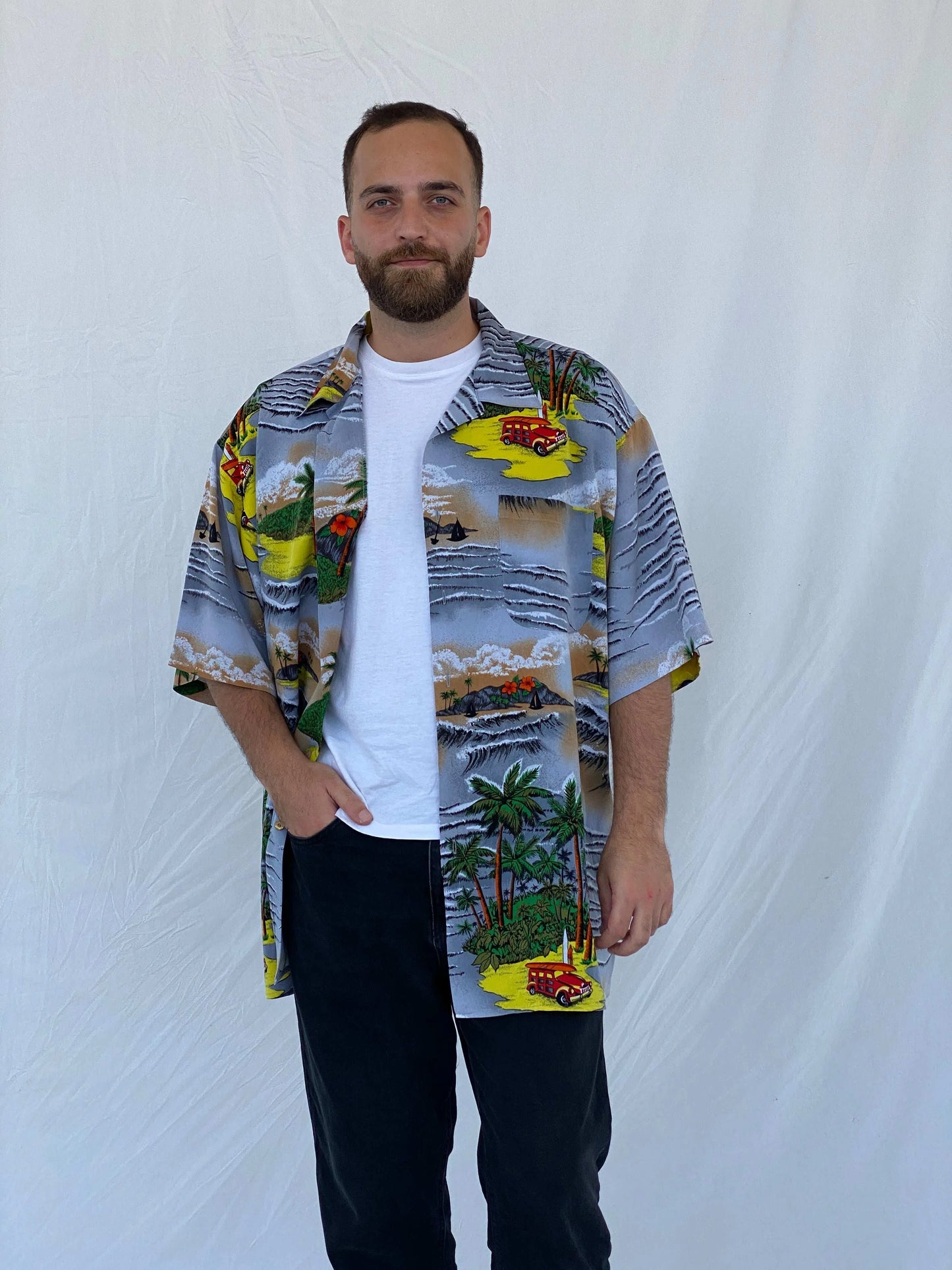 00s Koman Sport Hawaiian Palm Trees Button Shirt - Balagan Vintage Half Sleeve Shirt 90s, half sleeve shirt, Hawaiian shirt, Iyad, mens shirt, printed shirt