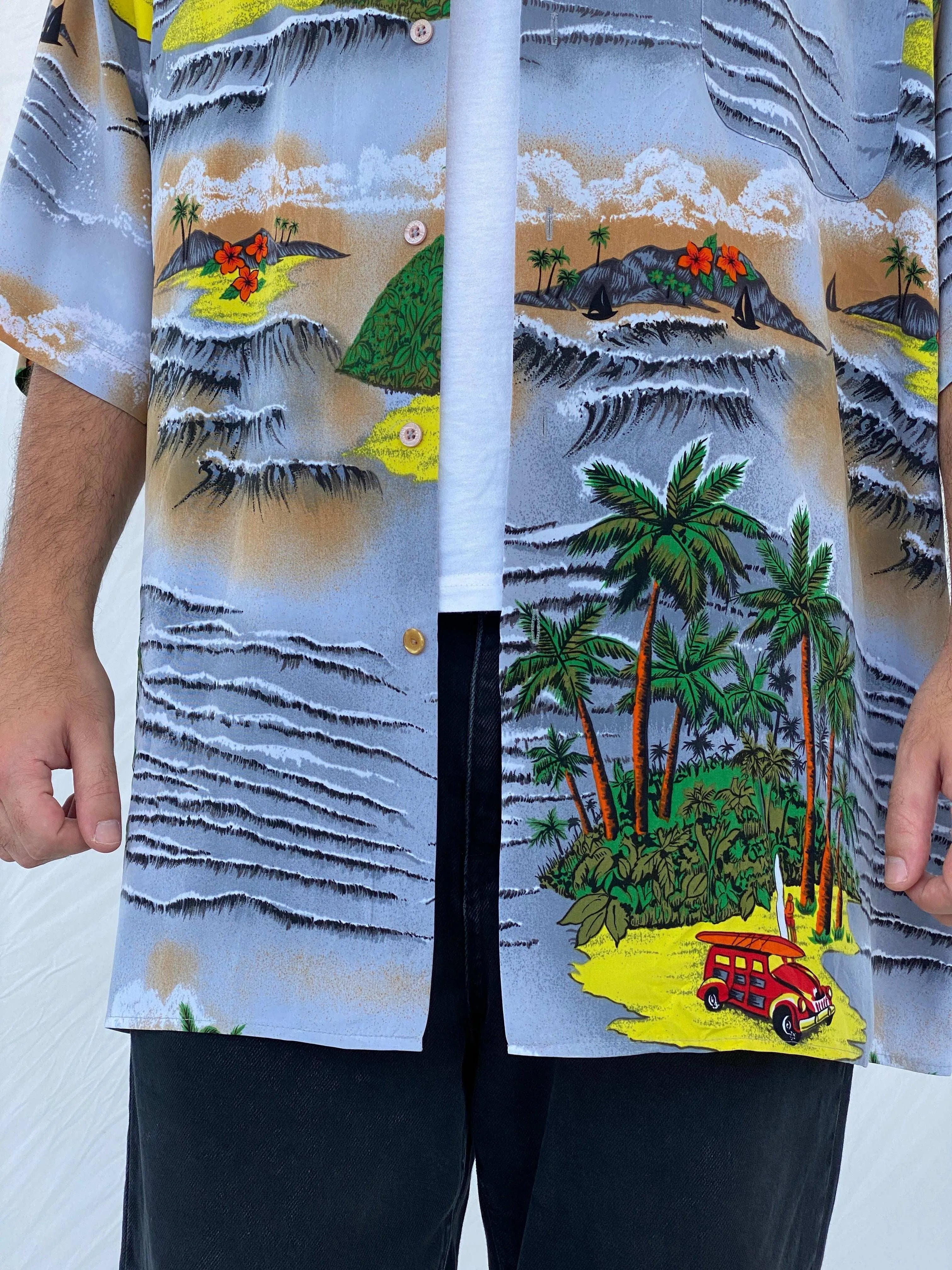 00s Koman Sport Hawaiian Palm Trees Button Shirt - Balagan Vintage Half Sleeve Shirt 90s, half sleeve shirt, Hawaiian shirt, Iyad, mens shirt, printed shirt
