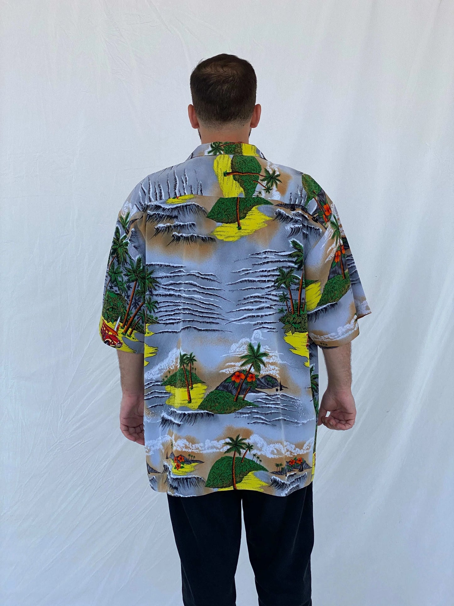 00s Koman Sport Hawaiian Palm Trees Button Shirt - Balagan Vintage Half Sleeve Shirt 90s, half sleeve shirt, Hawaiian shirt, Iyad, mens shirt, printed shirt