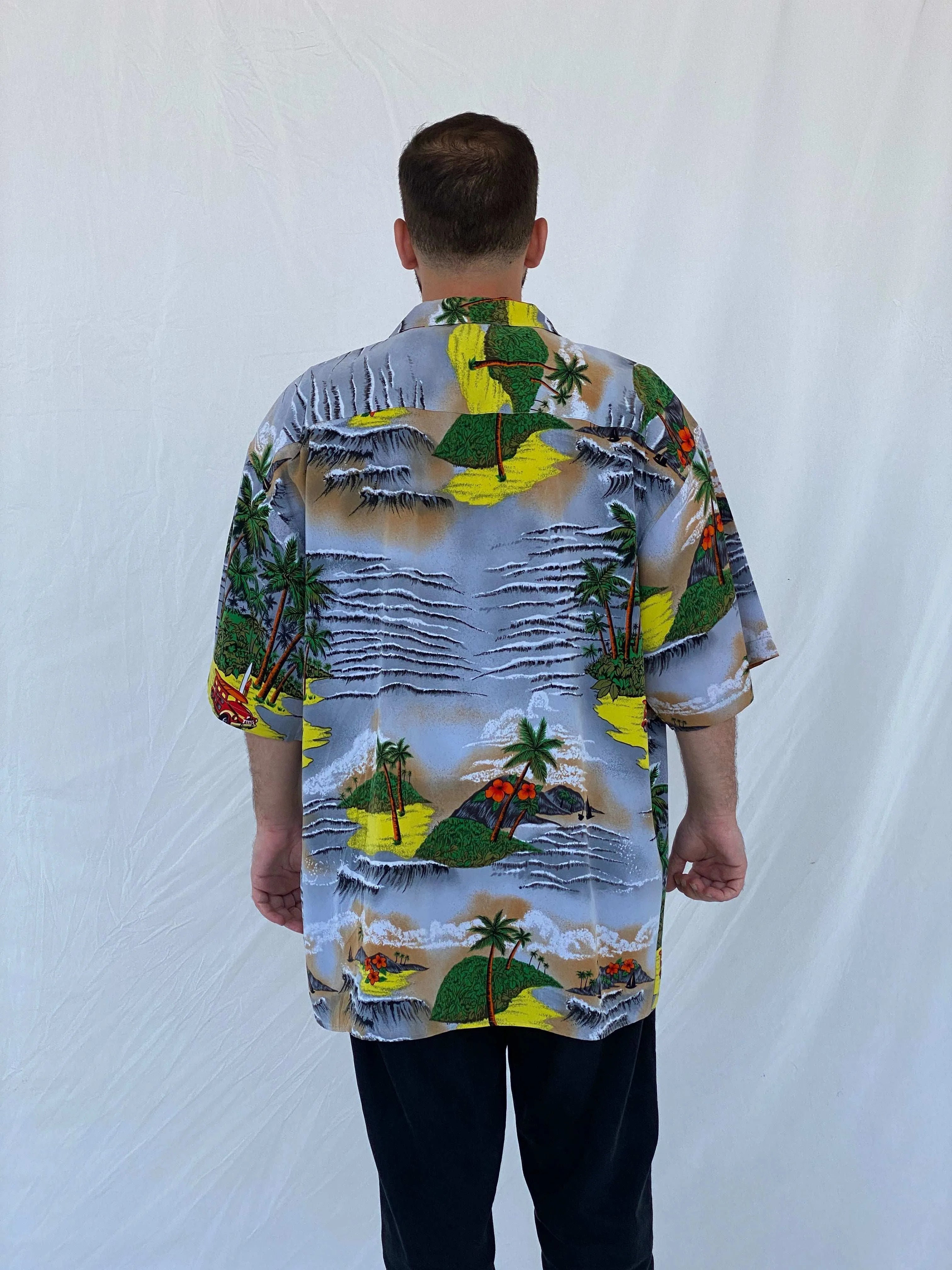 00s Koman Sport Hawaiian Palm Trees Button Shirt - Balagan Vintage Half Sleeve Shirt 90s, half sleeve shirt, Hawaiian shirt, Iyad, mens shirt, printed shirt