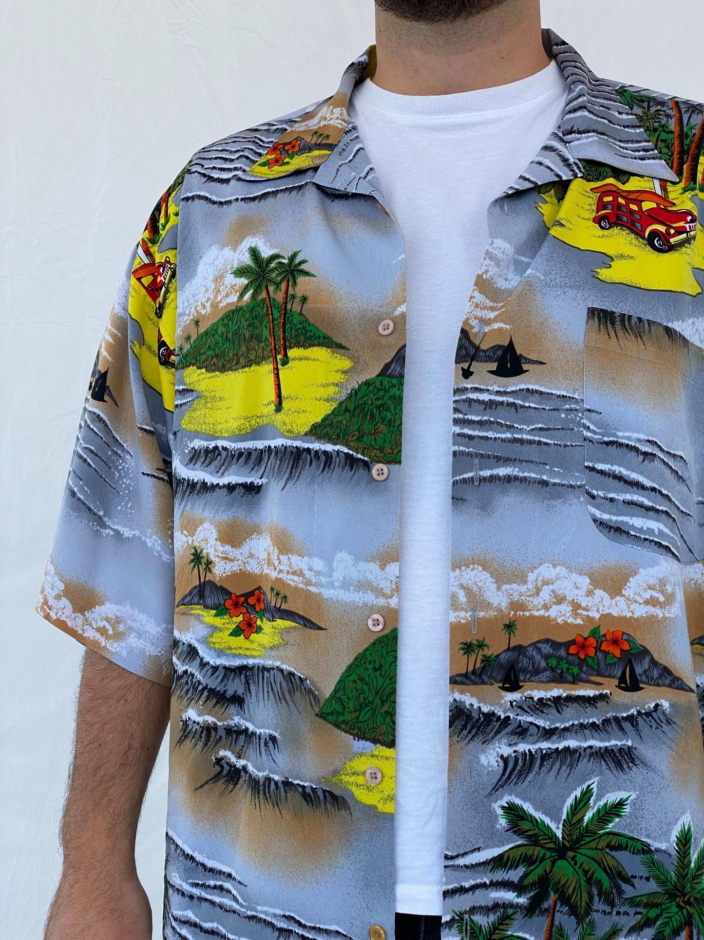 00s Koman Sport Hawaiian Palm Trees Button Shirt - Balagan Vintage Half Sleeve Shirt 90s, half sleeve shirt, Hawaiian shirt, Iyad, mens shirt, printed shirt