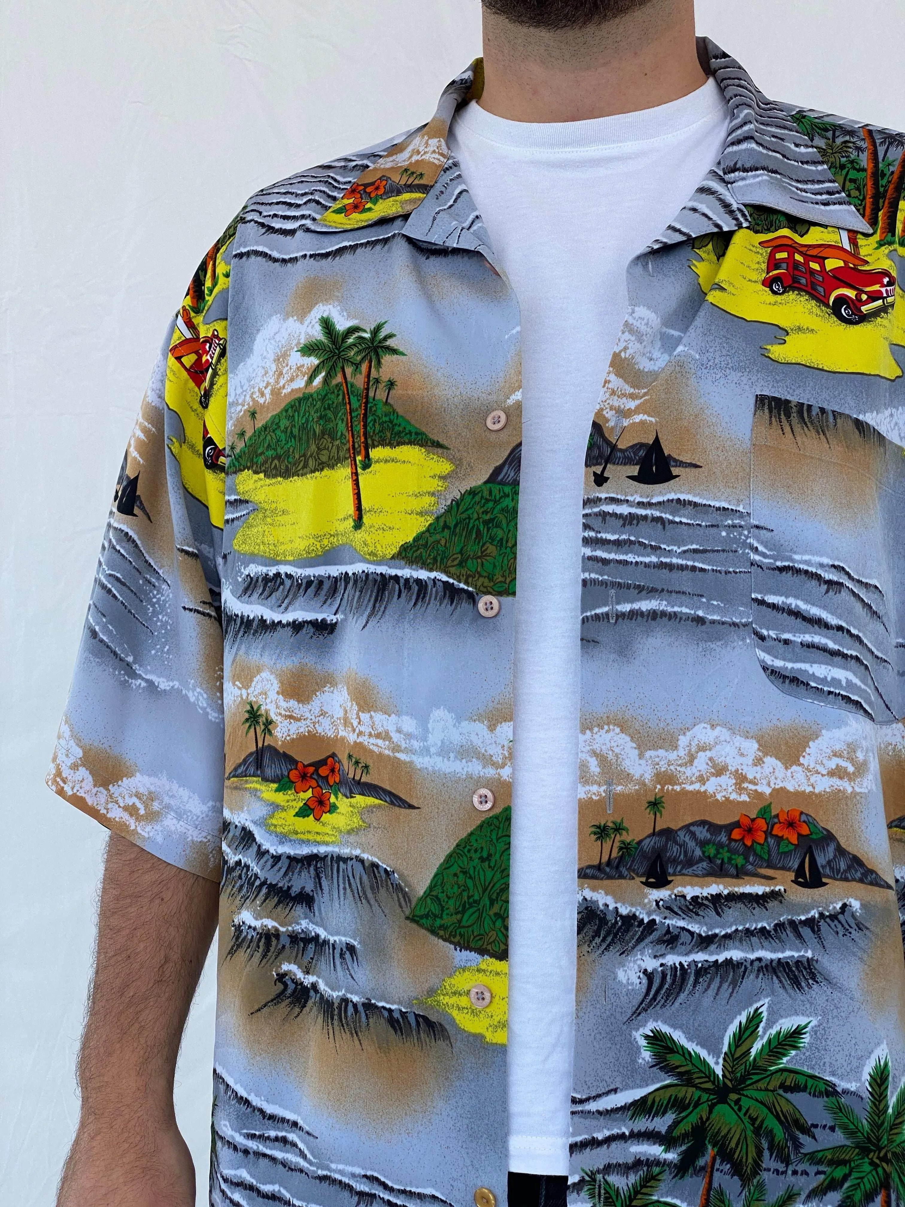 00s Koman Sport Hawaiian Palm Trees Button Shirt - Balagan Vintage Half Sleeve Shirt 90s, half sleeve shirt, Hawaiian shirt, Iyad, mens shirt, printed shirt