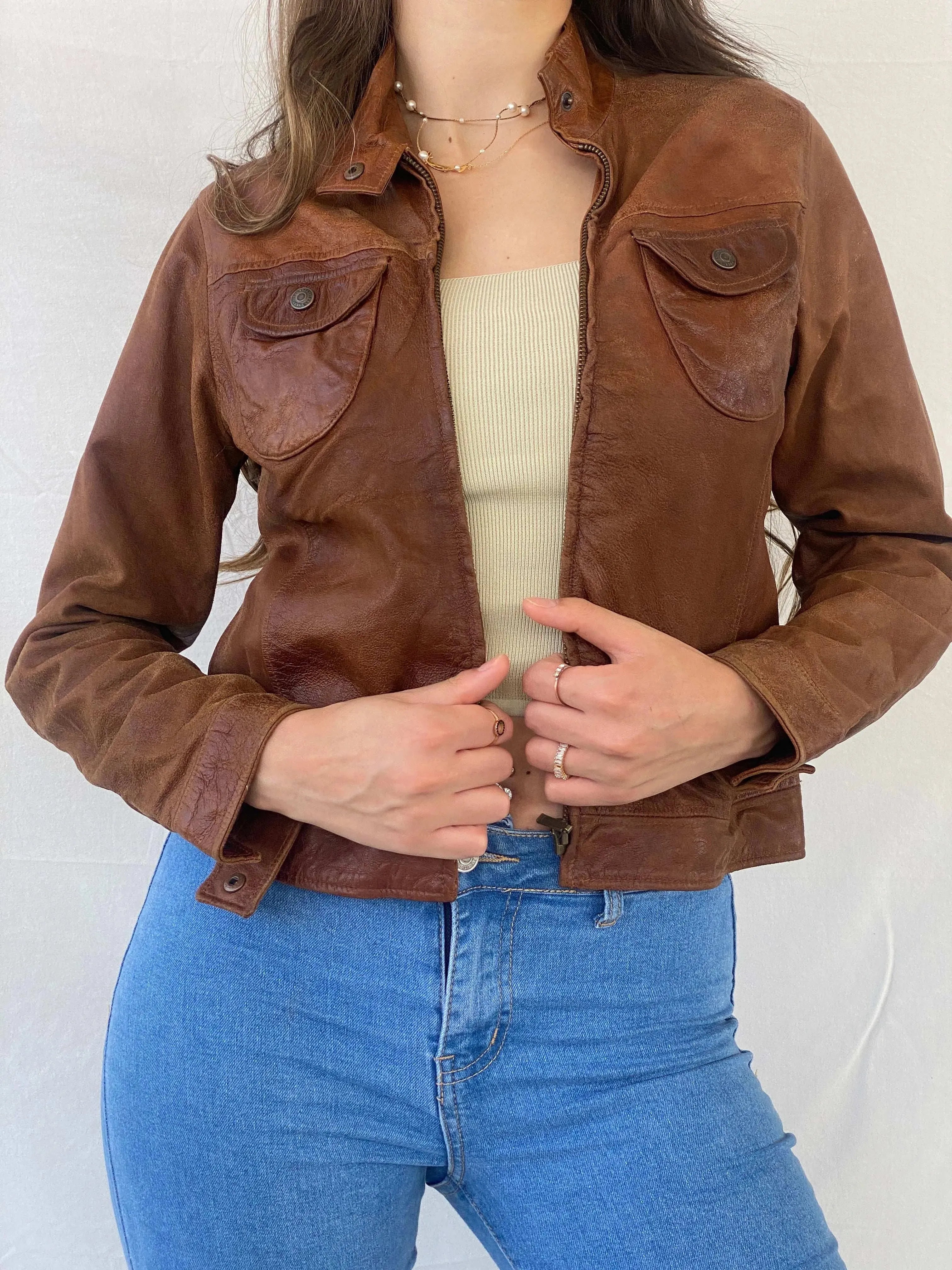 00s Next Genuine Leather Brown Jacket - S - Balagan Vintage Leather Jacket 90s, Coats&Jackets, Deals, genuine leather jacket, leather jacket, Mira, winter, Women's Leather Jackets