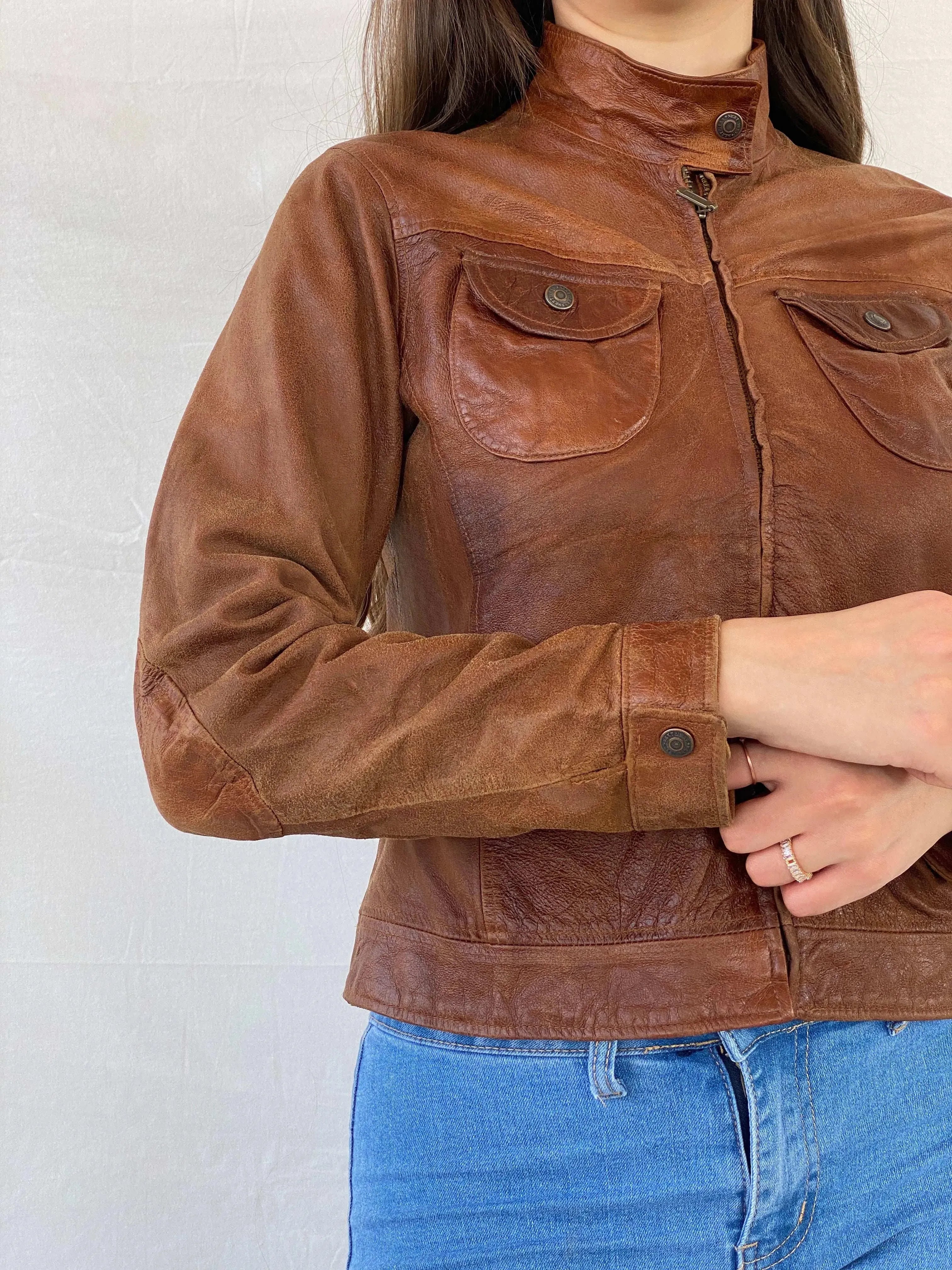 00s Next Genuine Leather Brown Jacket - S - Balagan Vintage Leather Jacket 90s, Coats&Jackets, Deals, genuine leather jacket, leather jacket, Mira, winter, Women's Leather Jackets