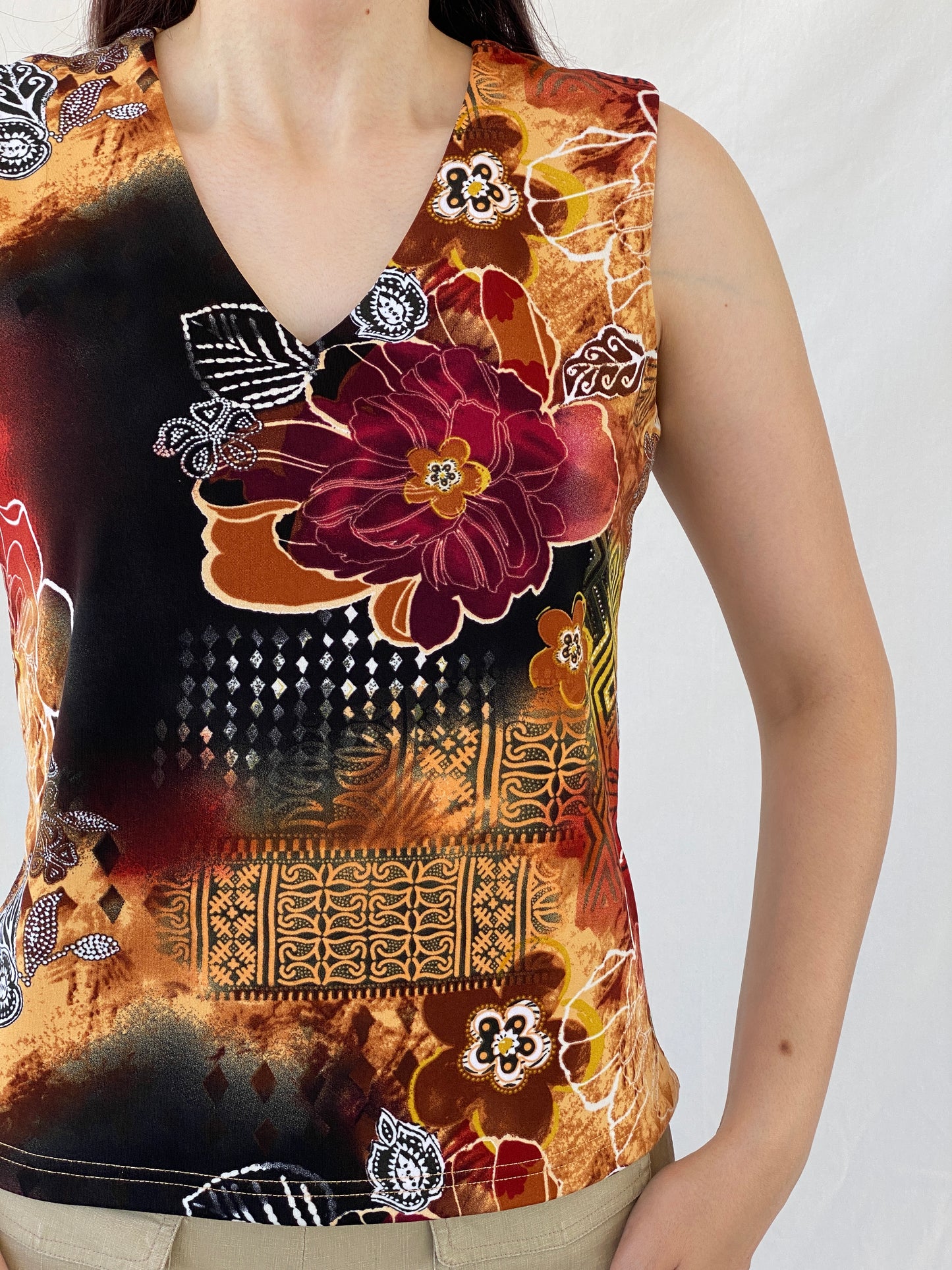 00s Y2K Biaggini Floral V-Neck Sleeveless Top - L - Balagan Vintage Sleeveless Top 00s, Ayah, NEW IN, summer, women top