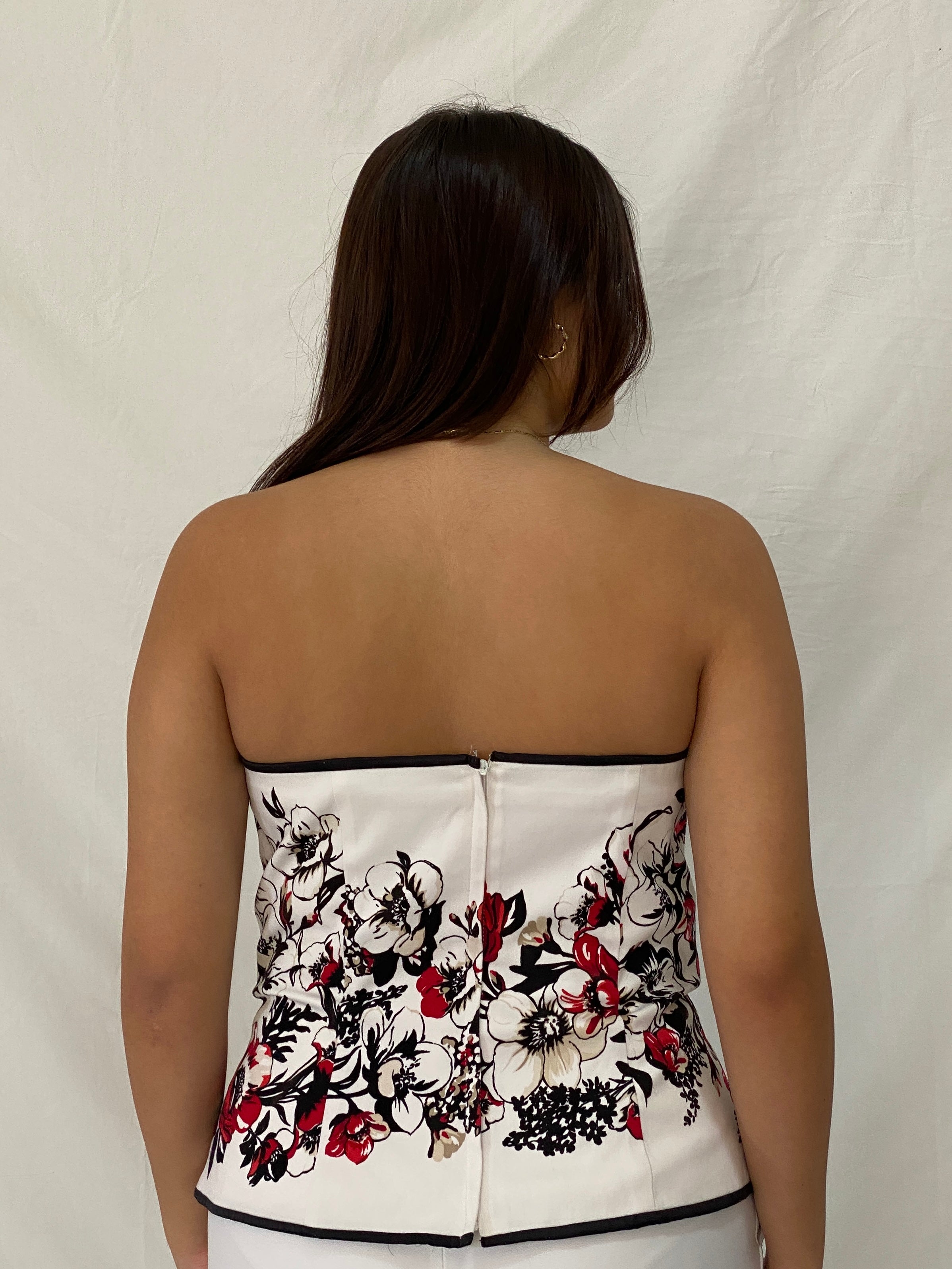 Y2K White House Black Market Floral Corset Strapless White Red Black Top - L