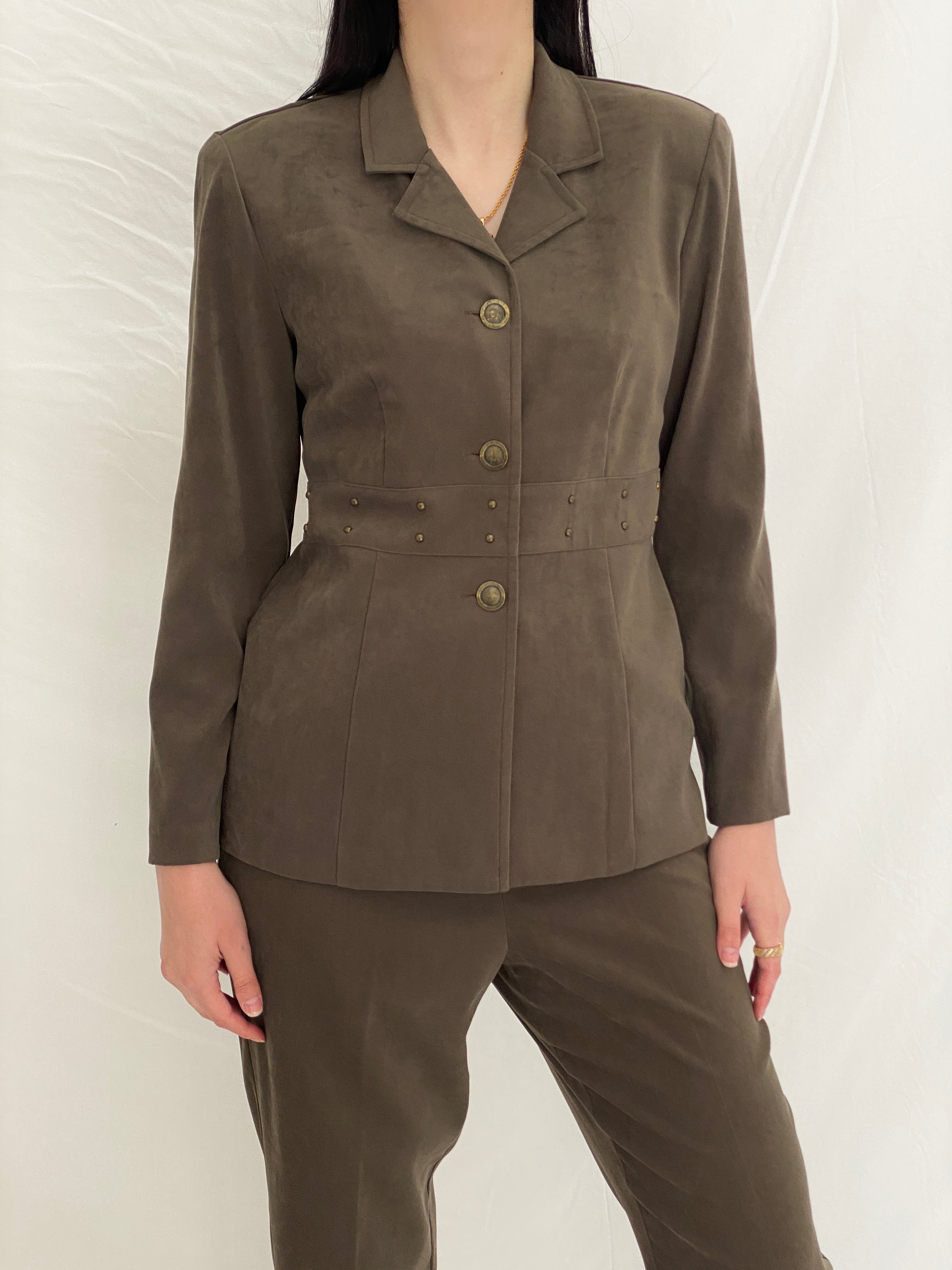 Vintage 90s Sag Harbor Dress Petite Olive Green Blazer & Pants Set Officecore Tailored Suit - M