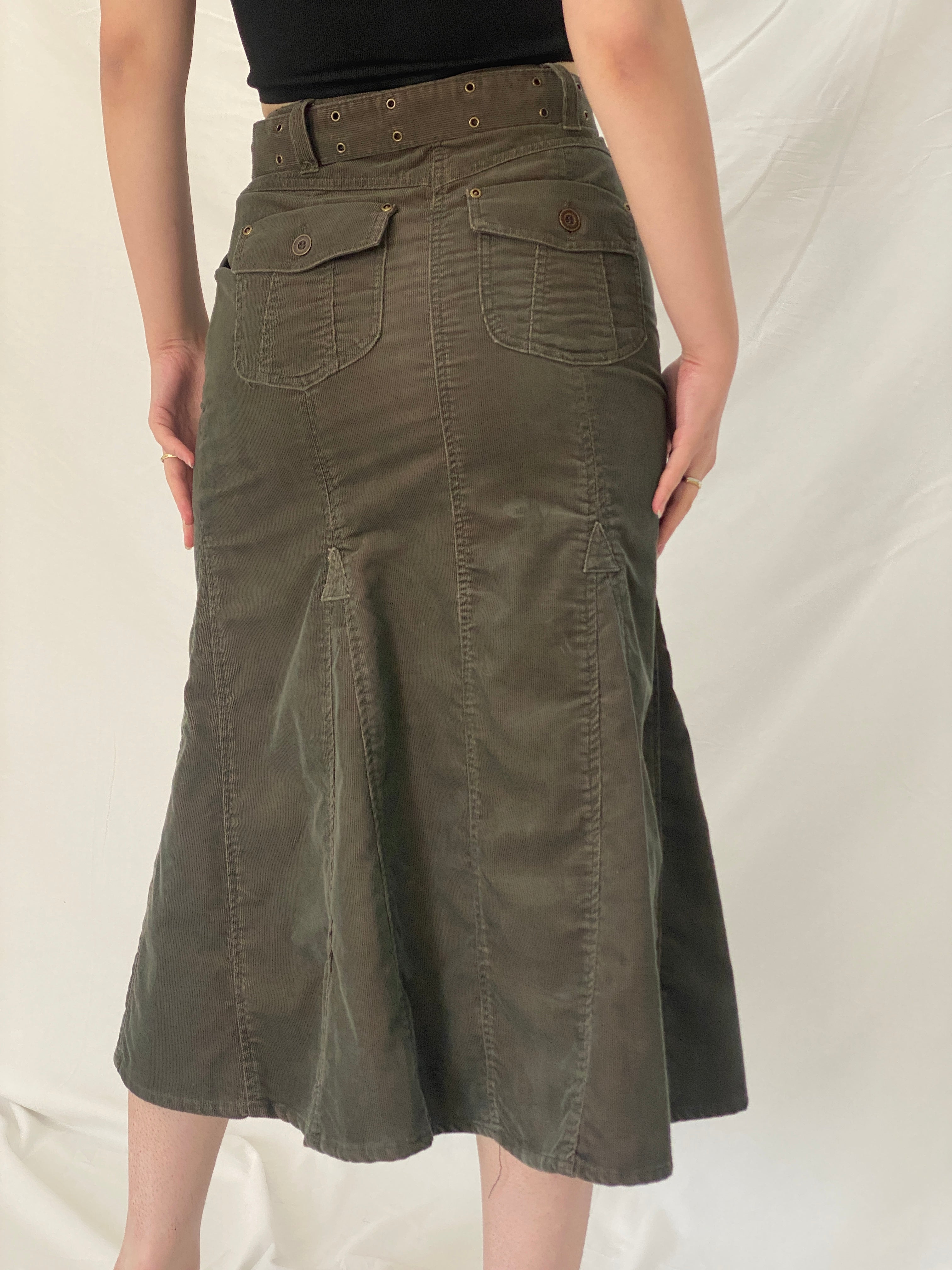 Y2K Yessica Olive Corduroy Midi Belted Panelled A-Line Skirt - S