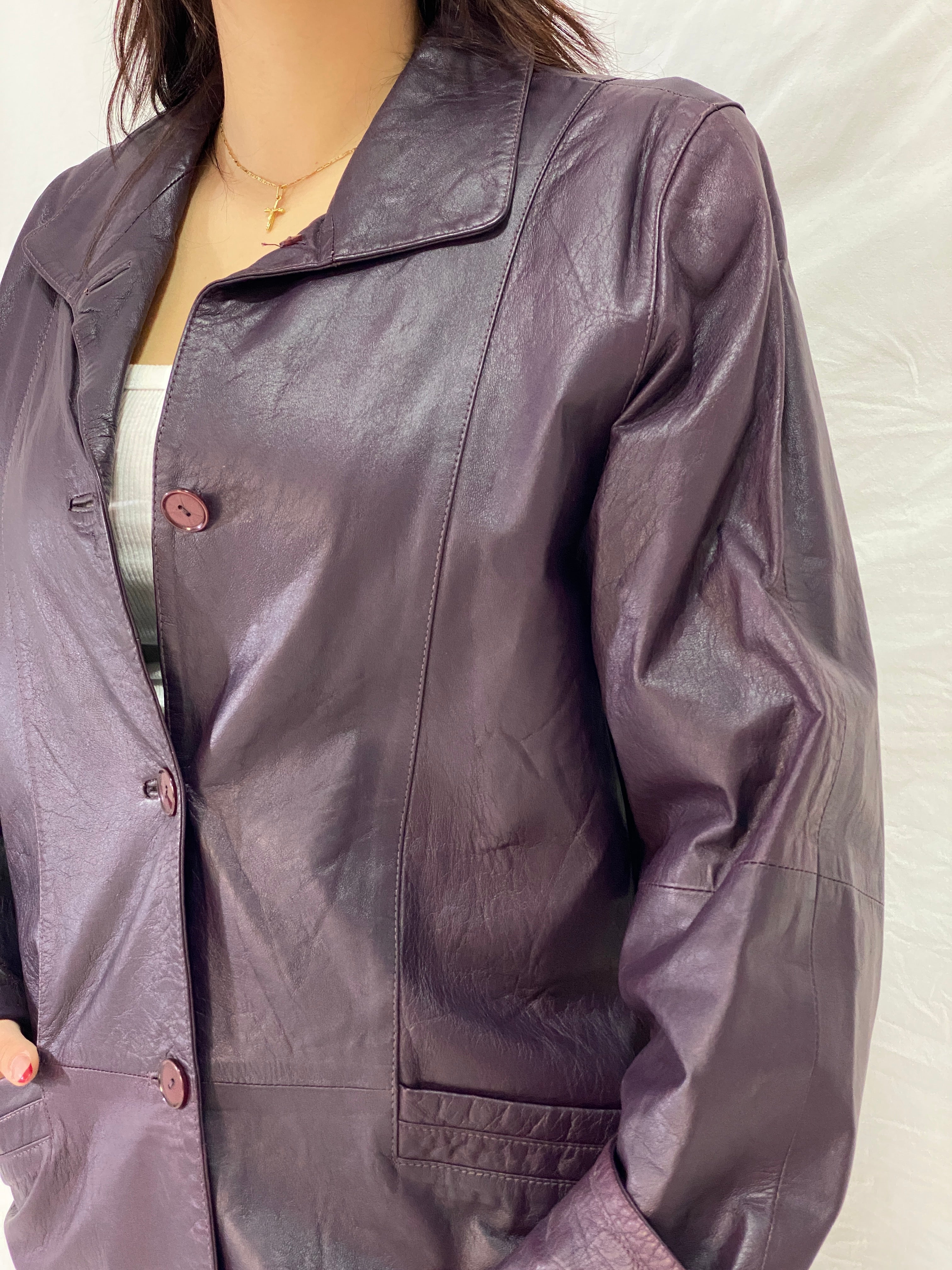 Vintage PER ME Purple Genuine Leather Jacket Italian Tailored Button-Up Leather Coat - L