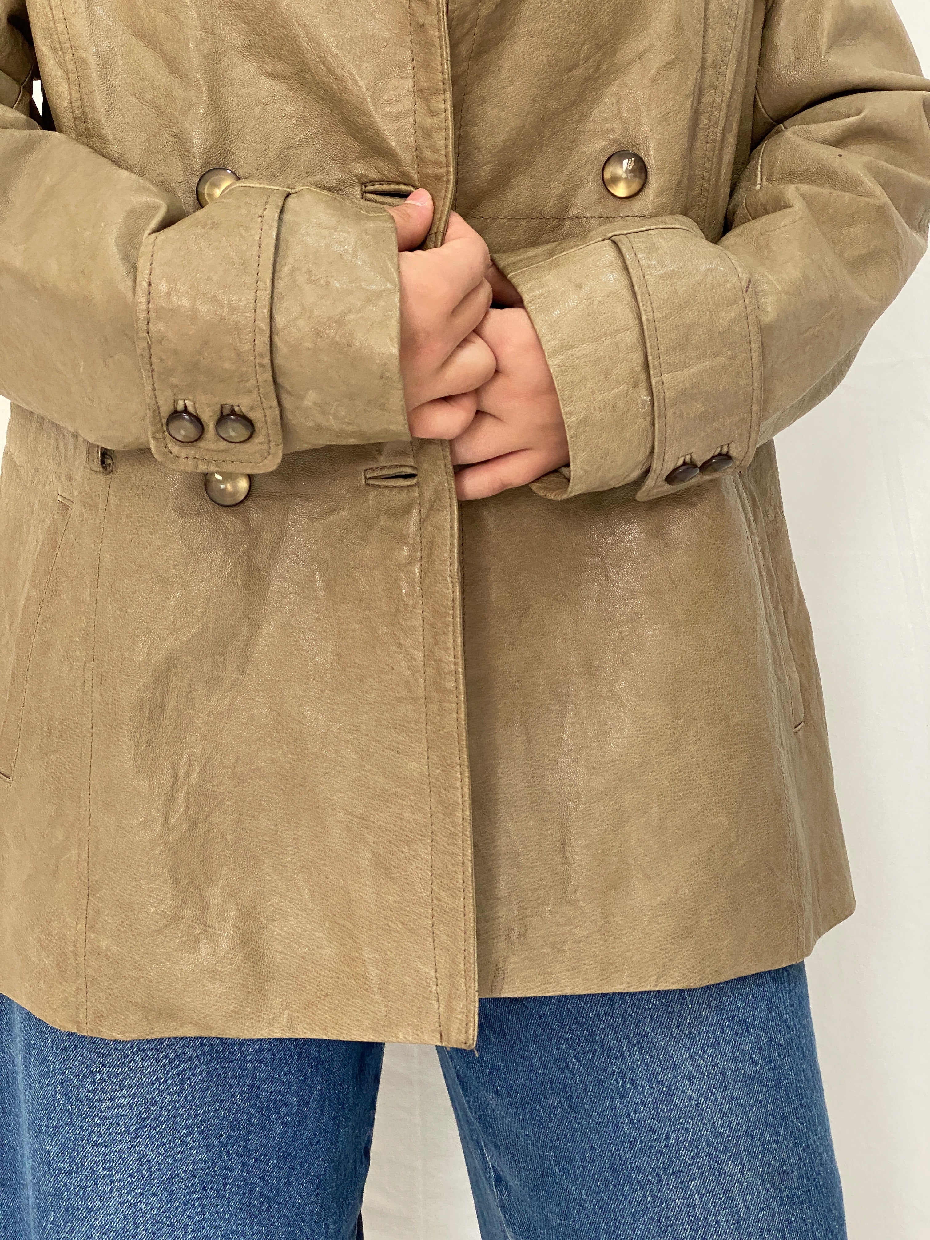 Vintage Plural Genuine Leather Olive Green Trench Style Jacket - L