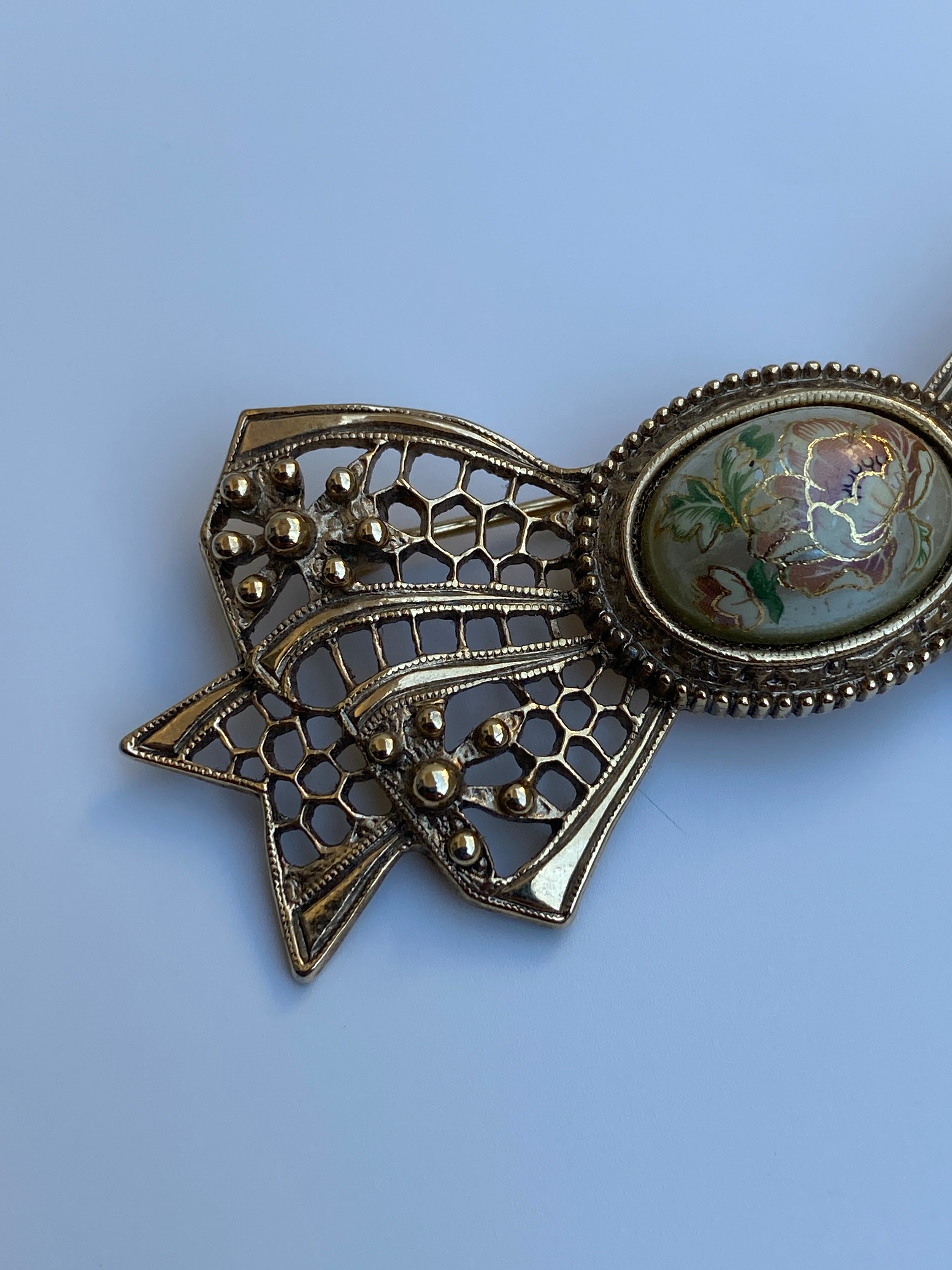 Vintage Victorian Revival Gold Tone Filigree Bow Brooch with Floral Cabochon