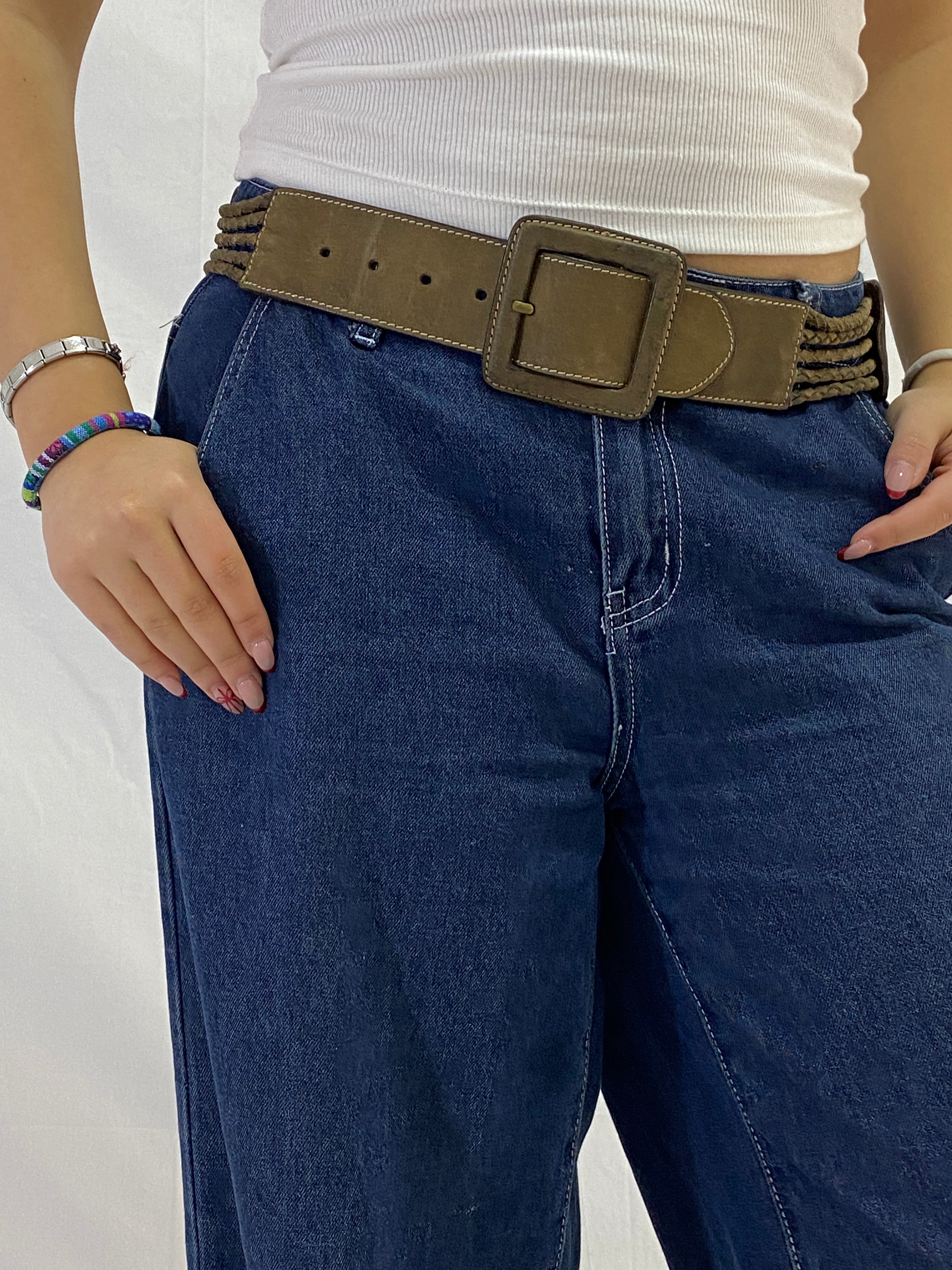 Vintage Genuine Leather Wide Braided Waist Belt with Square Buckle