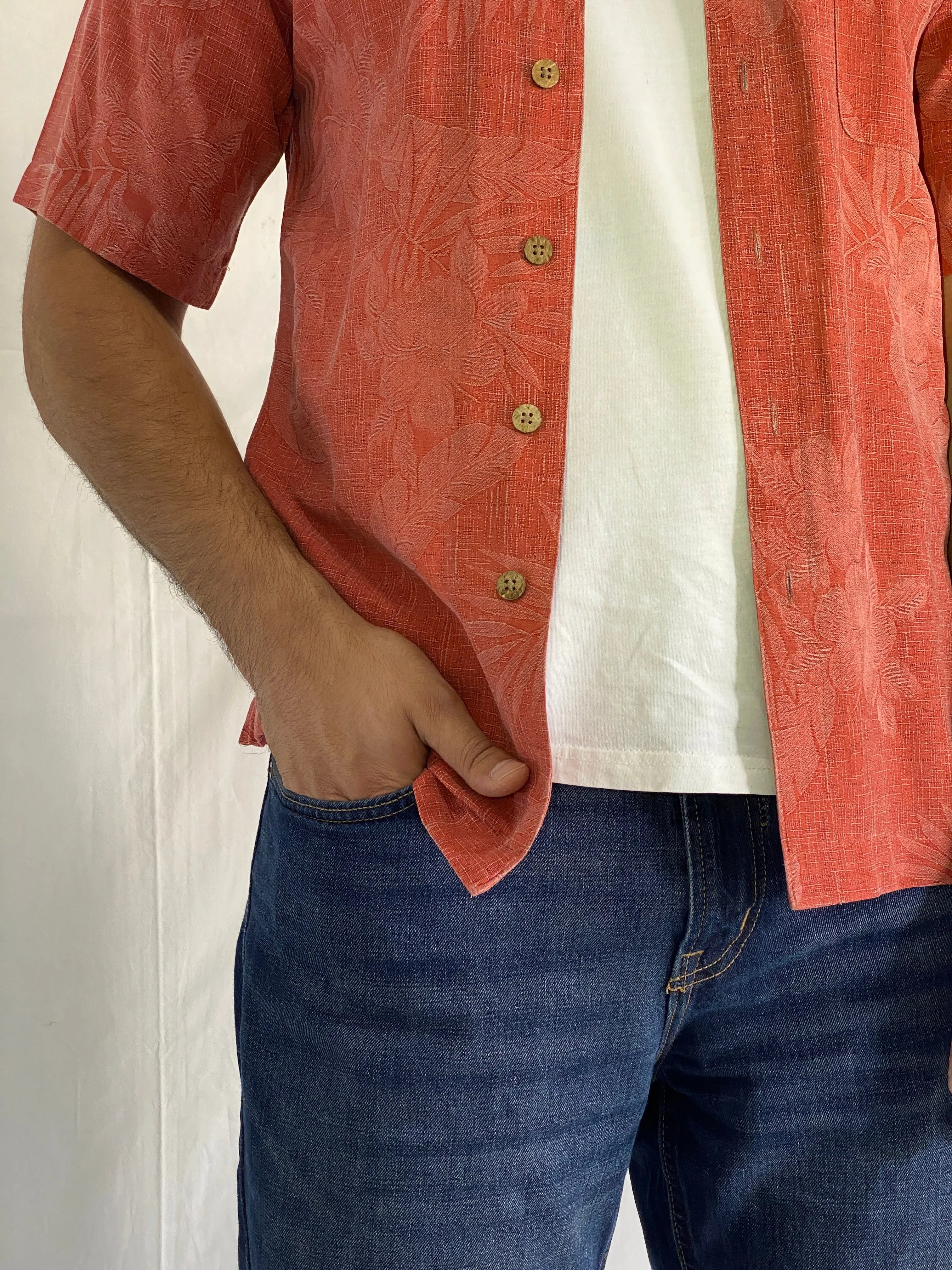 Vintage Island Shores Original Island Wear Washable Silk Red Jacquard Shirt - S