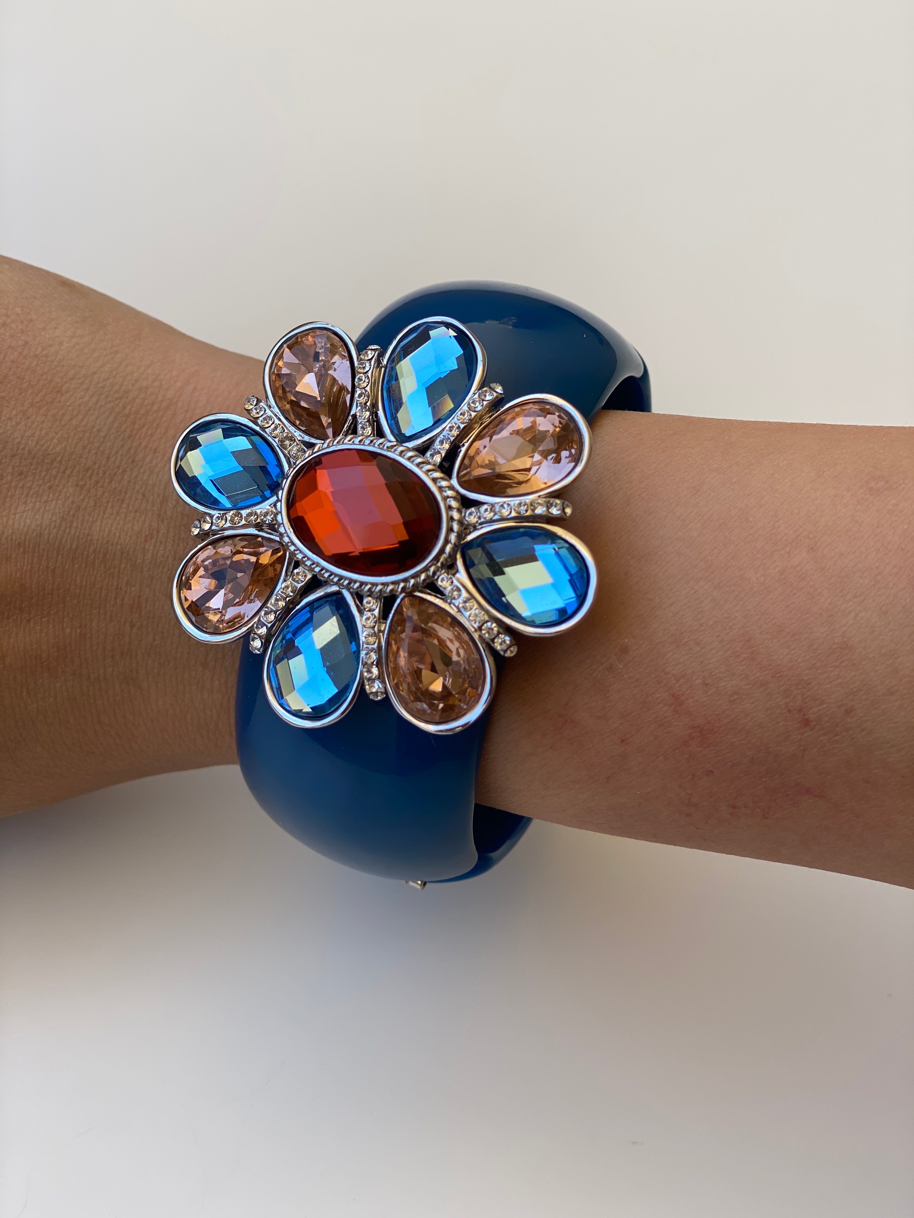 Y2K Cobalt Blue Rhinestone Flower Hinge Cuff Bracelet Chunky Bangle
