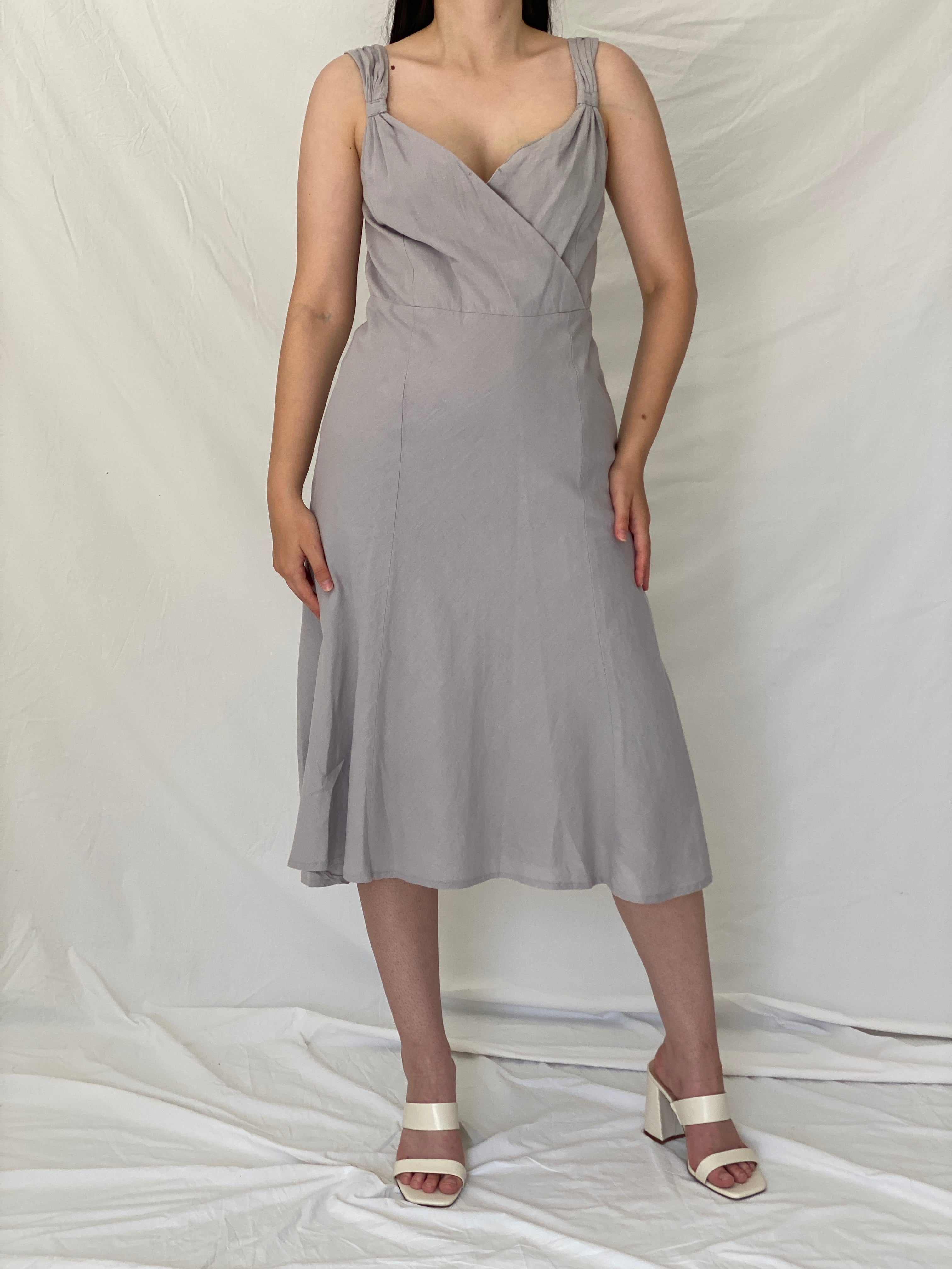 Vintage Y2K Jacqueline Riu Dove Grey Linen Cotton Blend Midi Dress - M