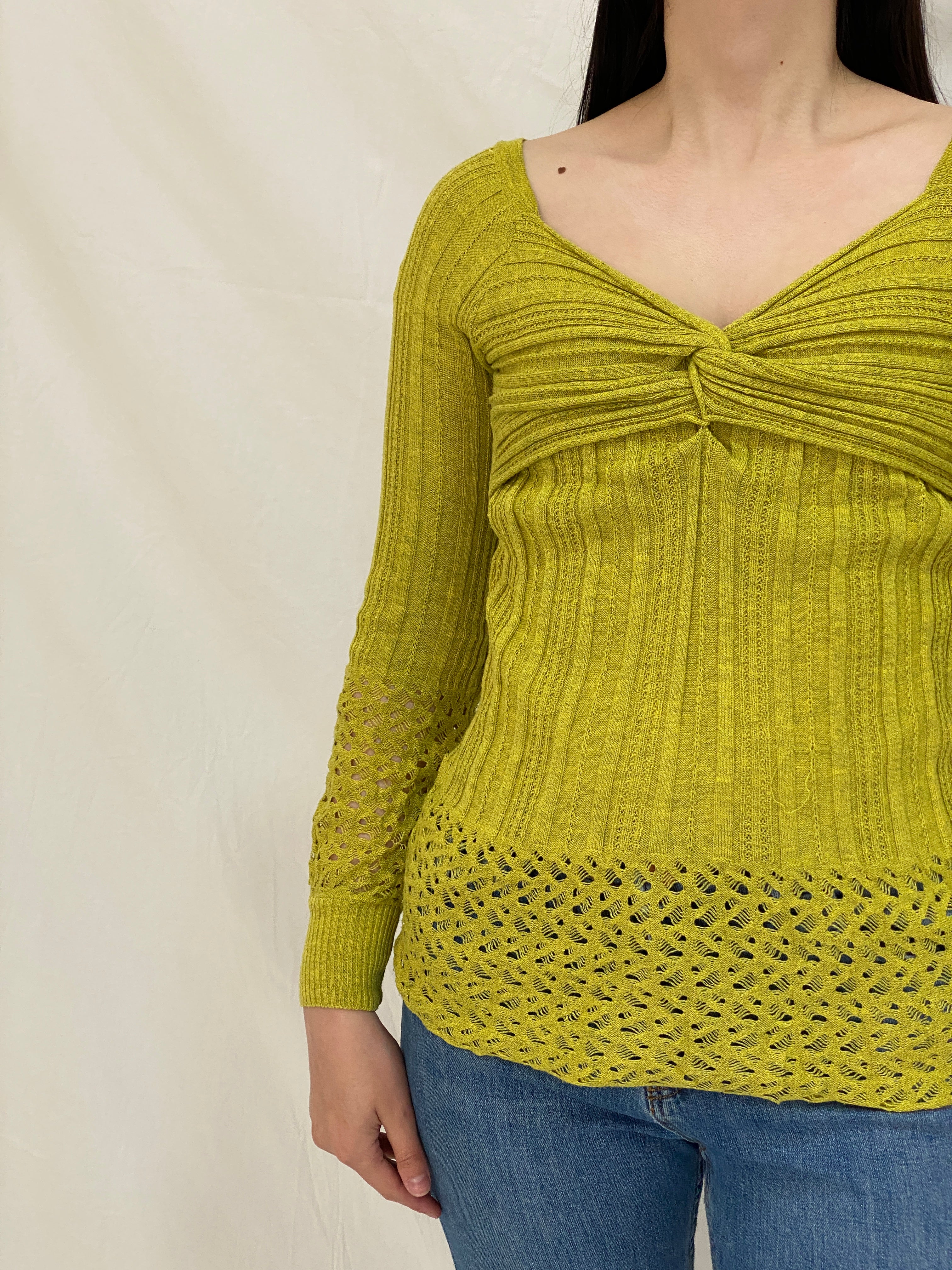 Vintage Y2K Chartreuse Ribbed Knit Twist Front Open Knit Detail Long Sleeve Top - S