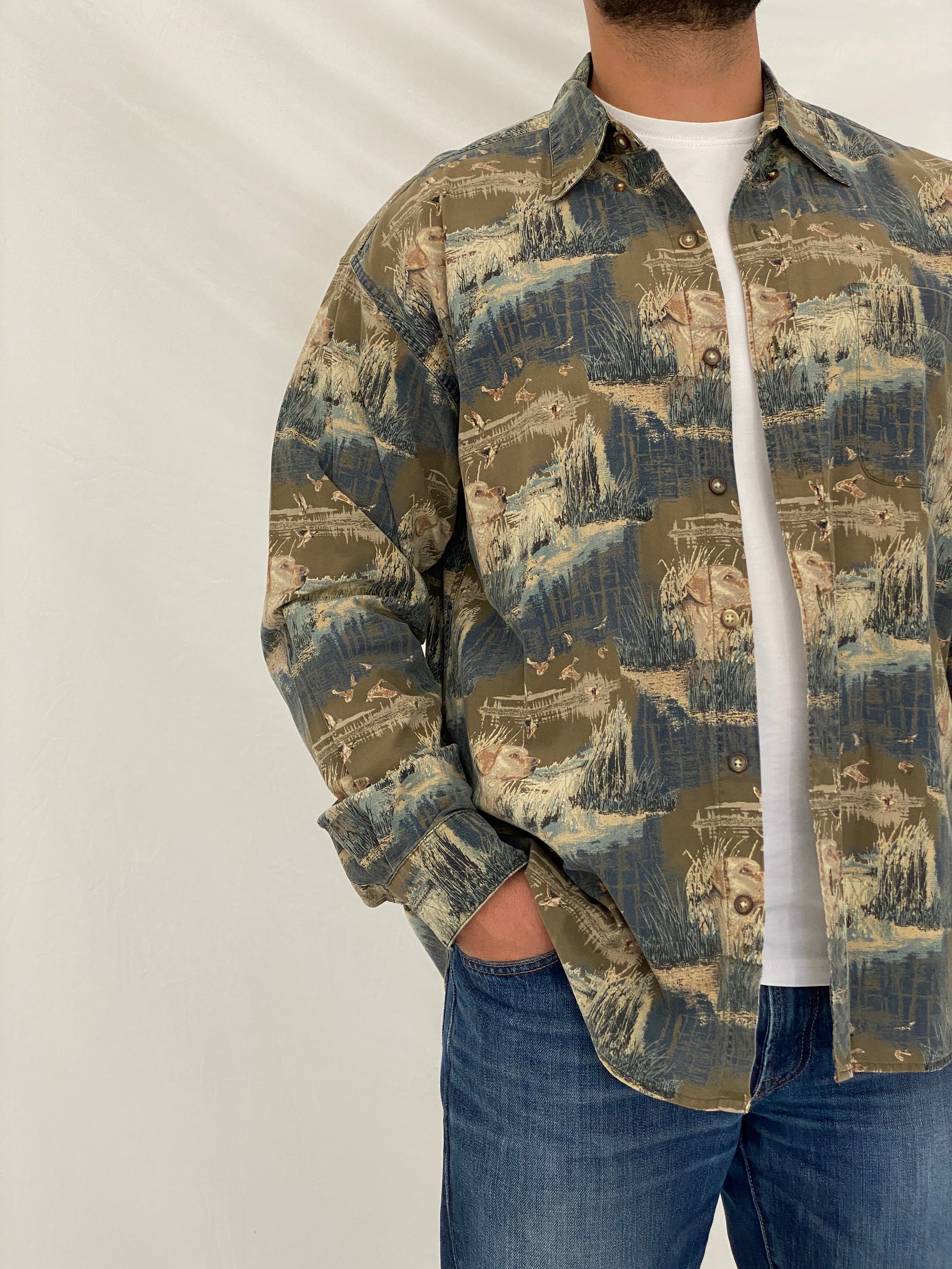 Vintage Woodland Trail Camo Hunting Cotton Button-Up Shirt – XL