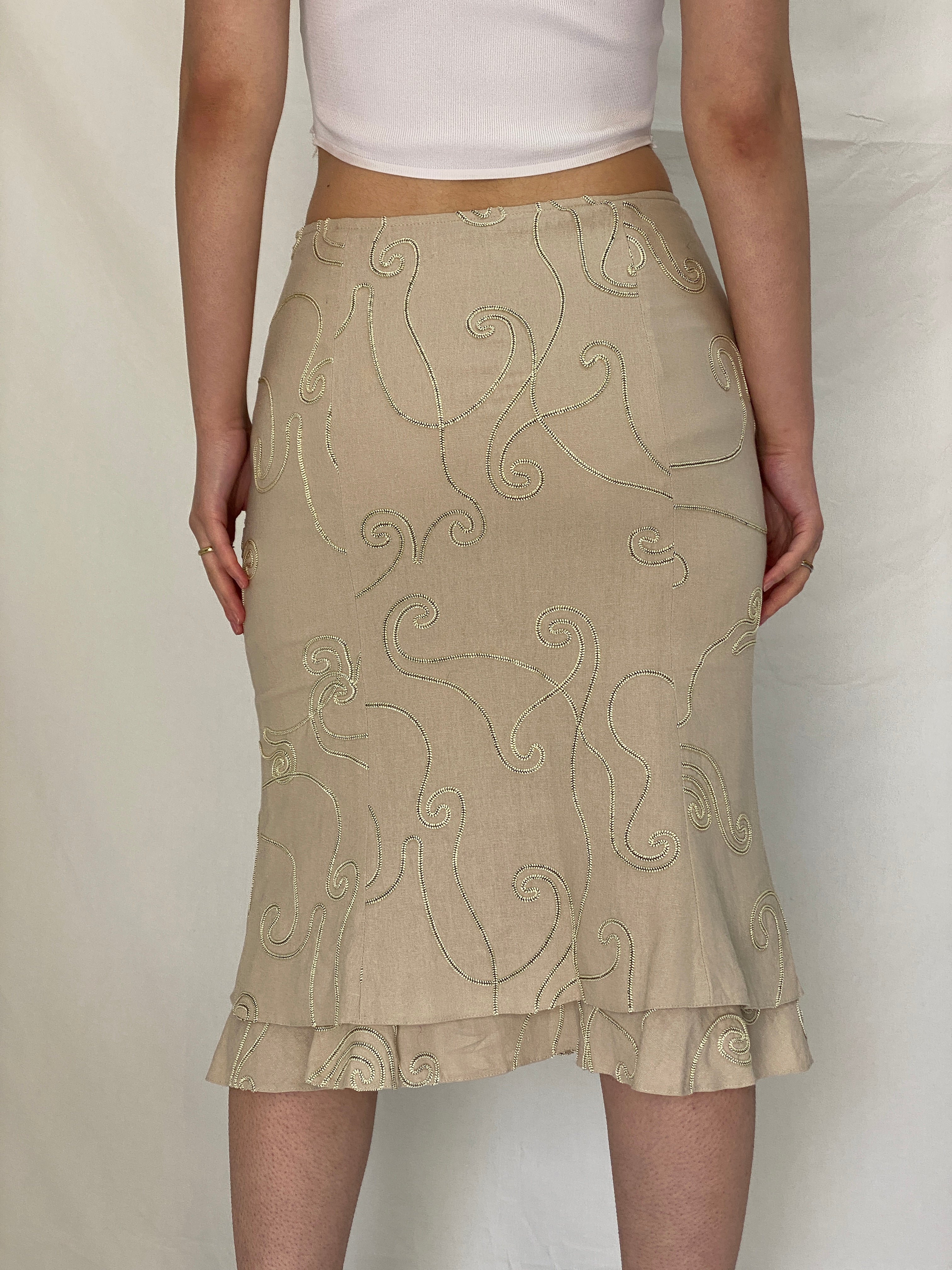 Vintage Jean Joulian Beige Linen Blend Embroidered Midi Skirt - S